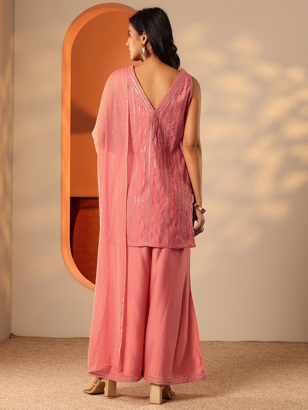 Peach Embroidered Silk Blend Kurta Set with Flared Palazzo and Dupatta