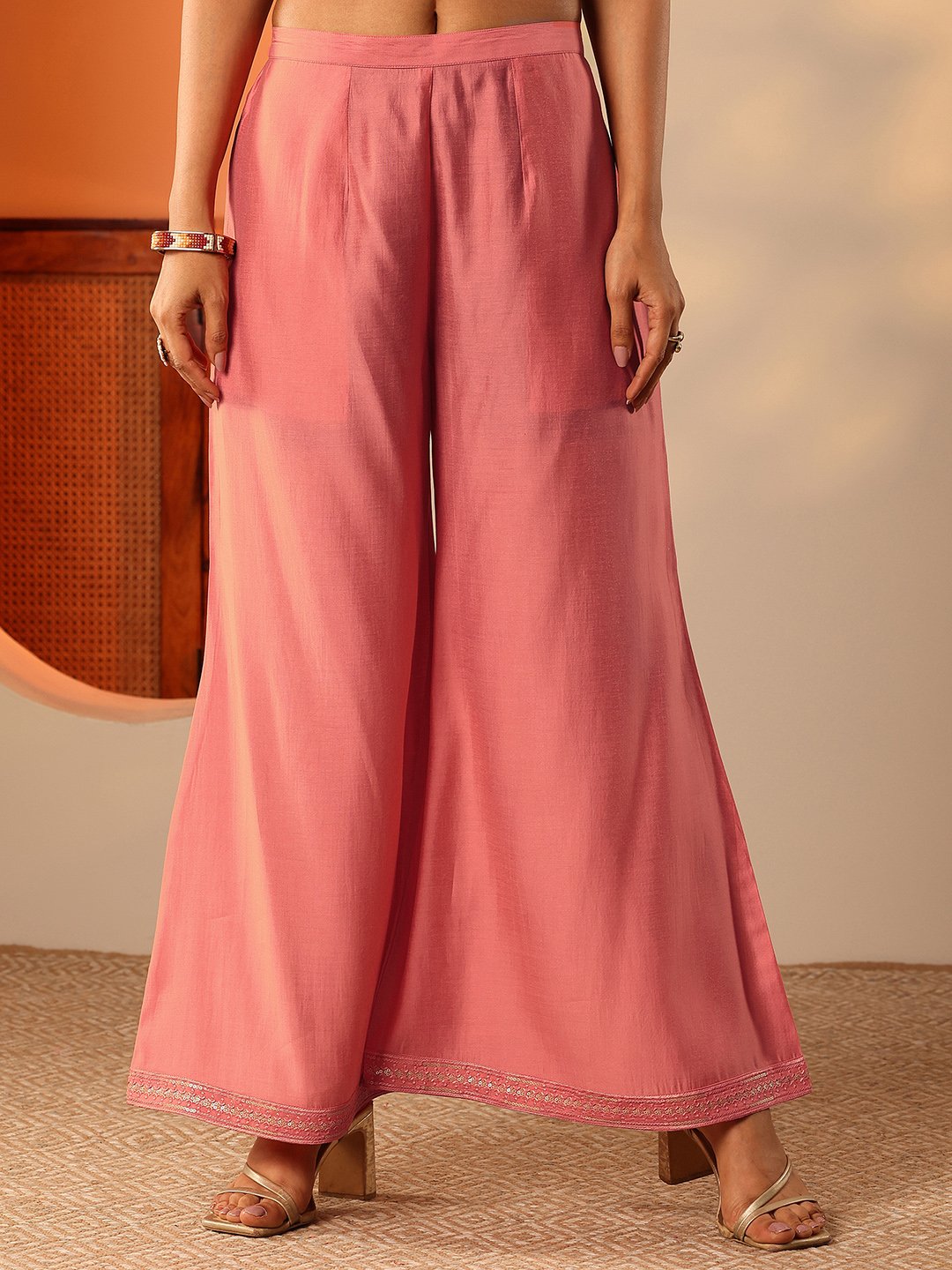 Peach Embroidered Silk Blend Kurta Set with Flared Palazzo and Dupatta