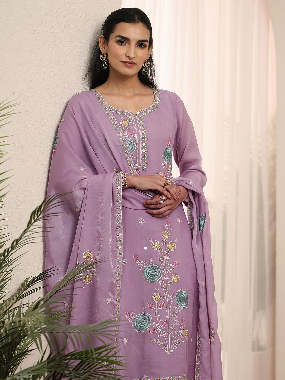 Purple Embroidered Kurta Palazzo Dupatta Set