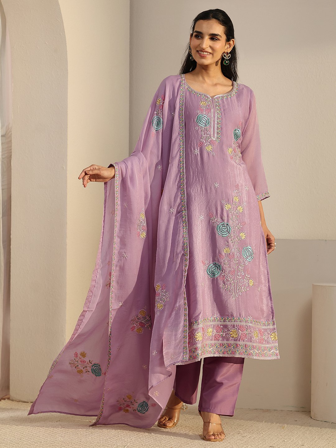 Purple Embroidered Kurta Palazzo Dupatta Set