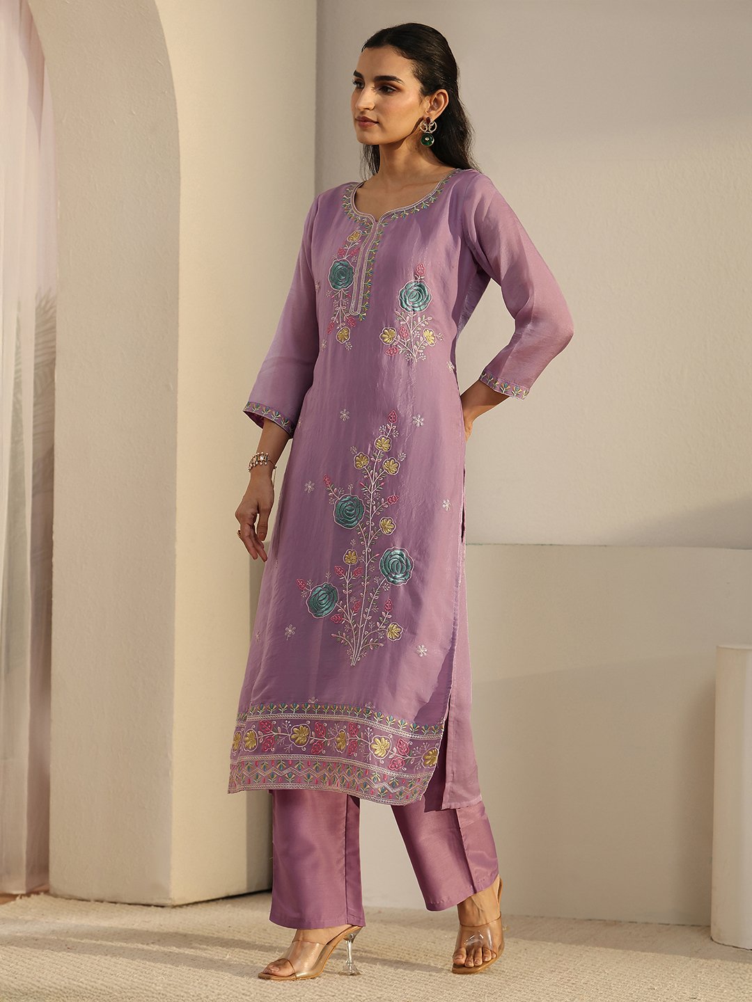 Purple Embroidered Kurta Palazzo Dupatta Set