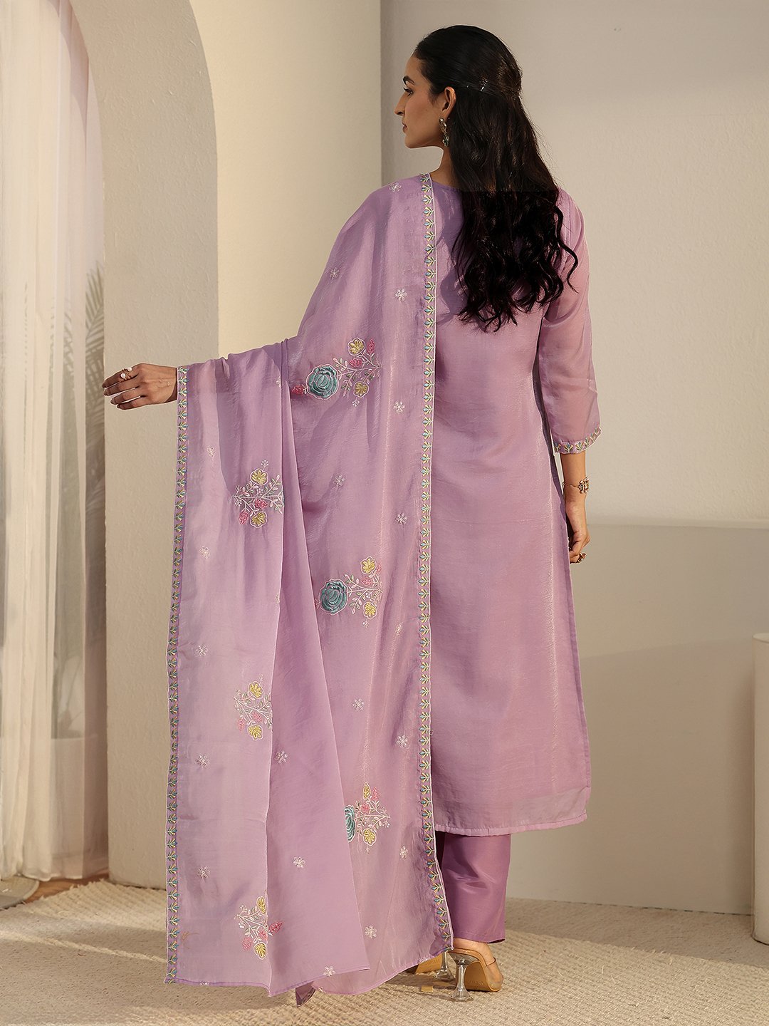 Purple Embroidered Kurta Palazzo Dupatta Set