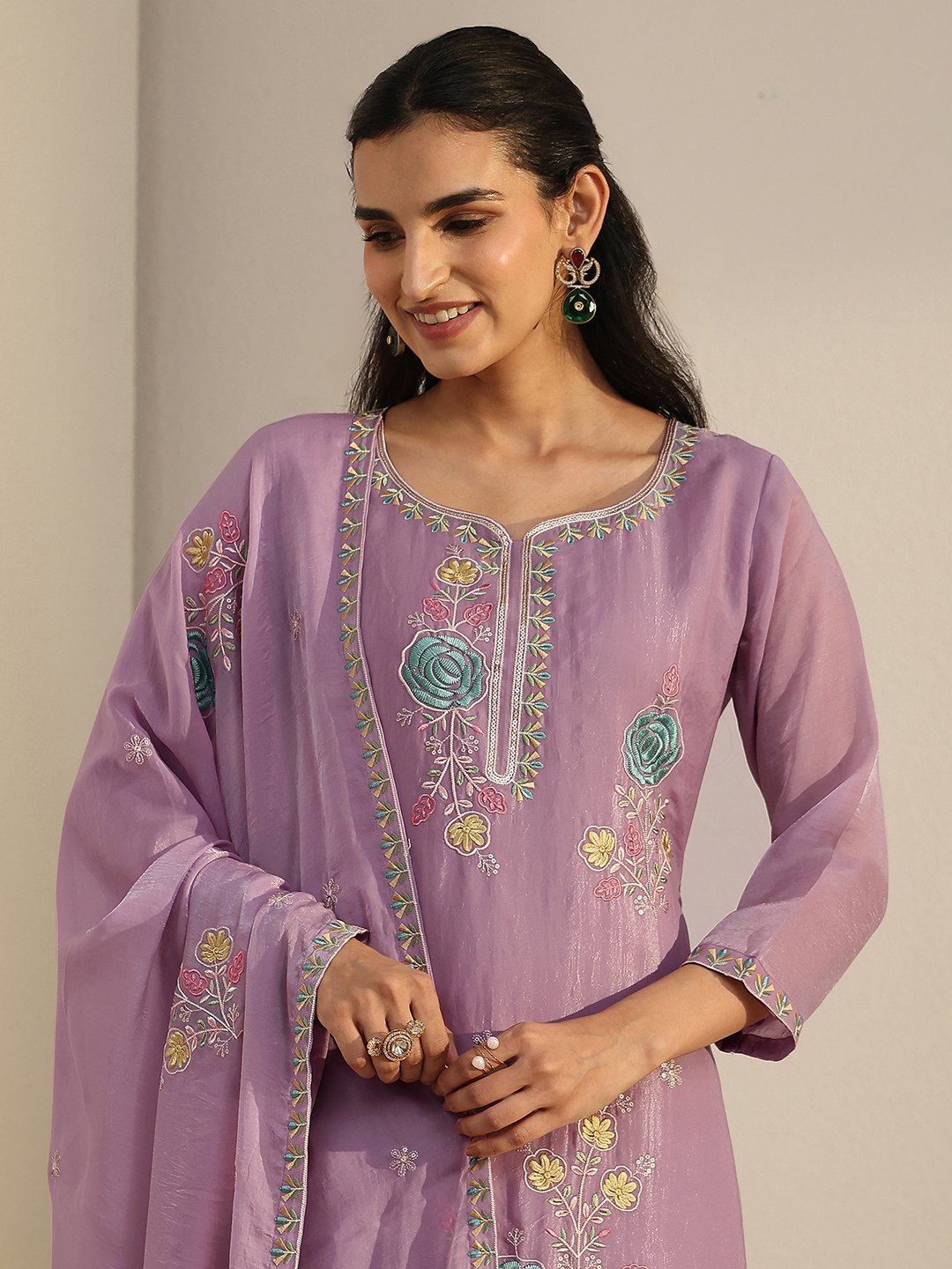 Purple Embroidered Kurta Palazzo Dupatta Set