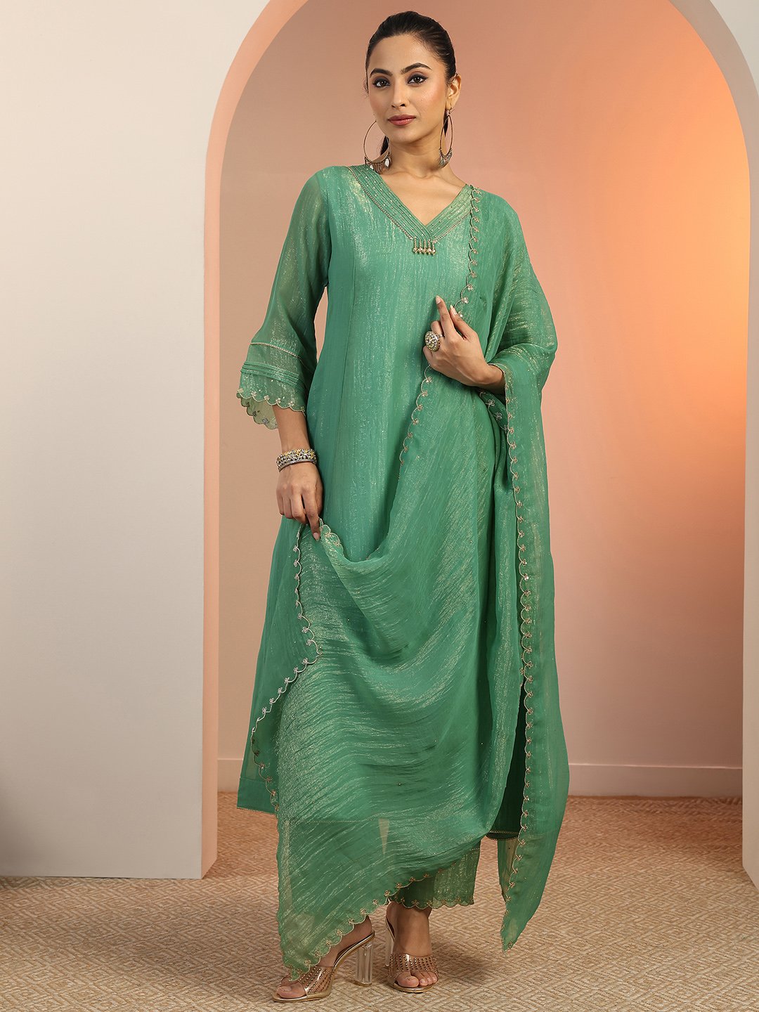 Green Embellished Kurta Set with Straight Pants and Dupatta