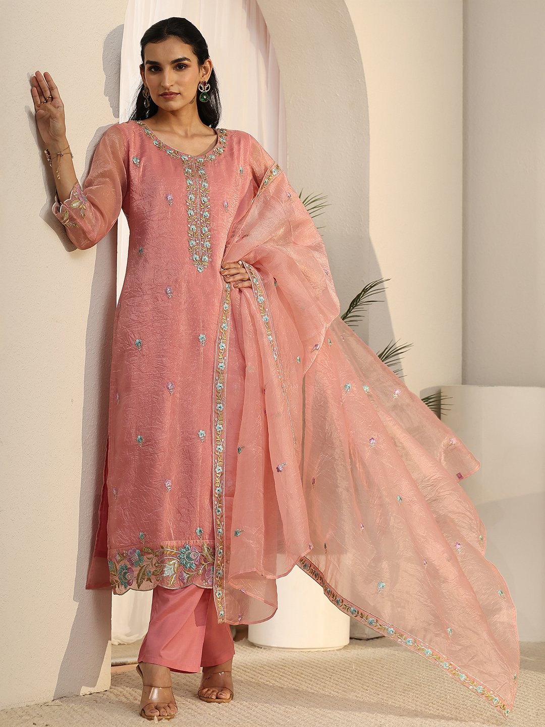 Peach Embroidered Straight Kurta, Palazzo and Dupatta Set
