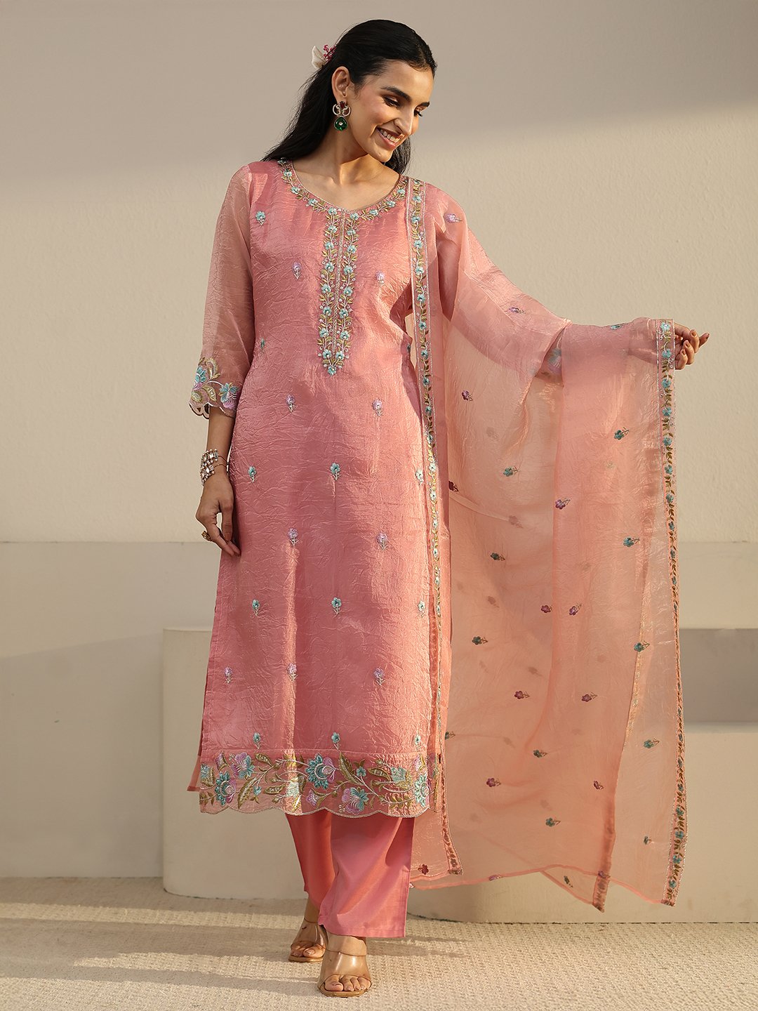 Peach Embroidered Straight Kurta, Palazzo and Dupatta Set