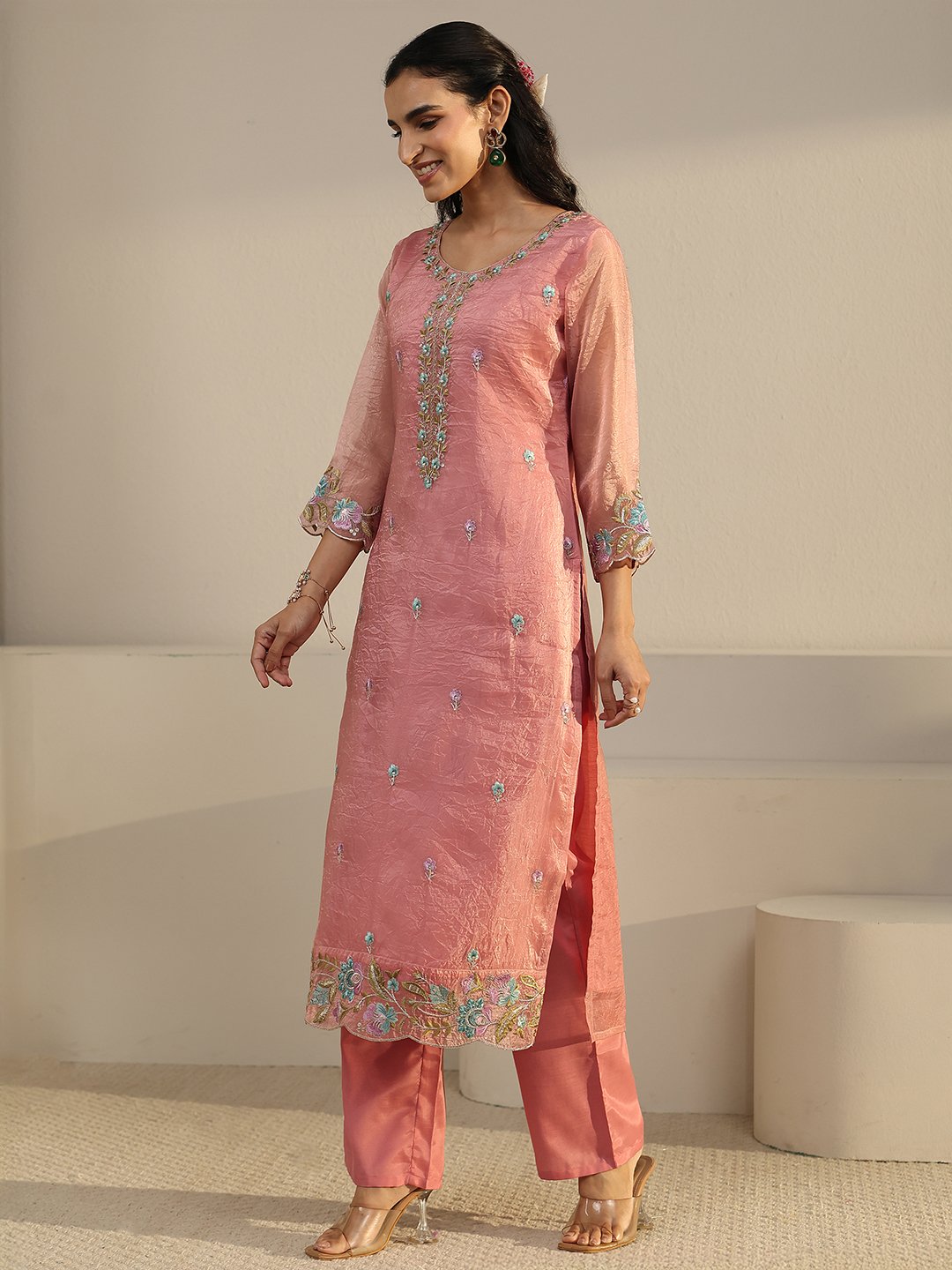 Peach Embroidered Straight Kurta, Palazzo and Dupatta Set
