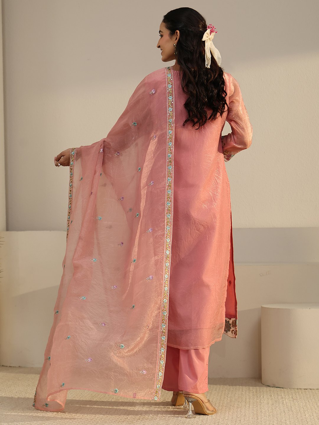 Peach Embroidered Straight Kurta, Palazzo and Dupatta Set