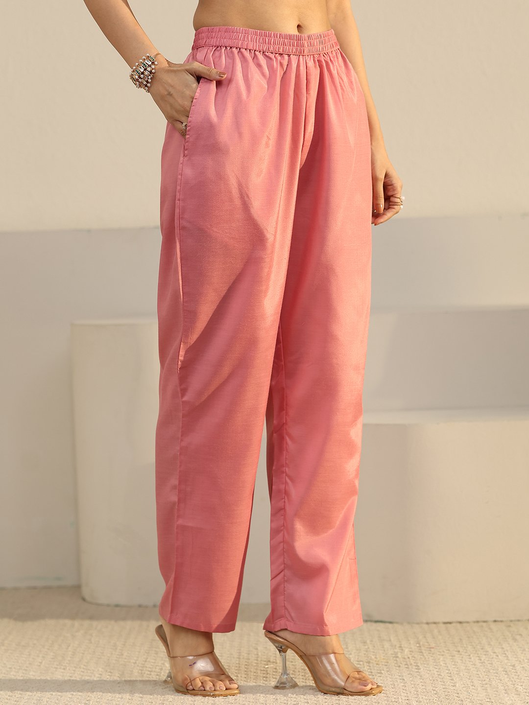 Peach Embroidered Straight Kurta, Palazzo and Dupatta Set
