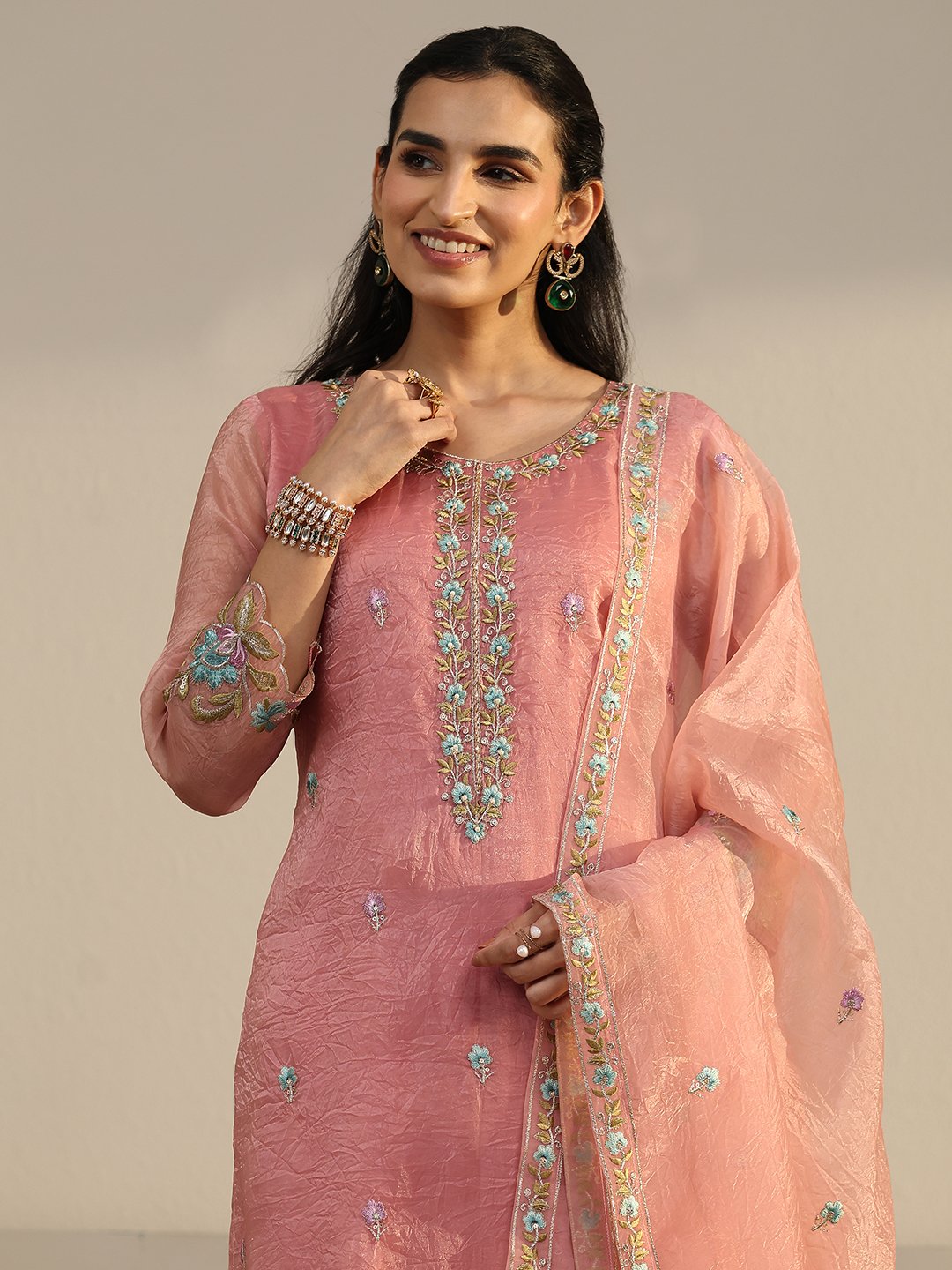 Peach Embroidered Straight Kurta, Palazzo and Dupatta Set
