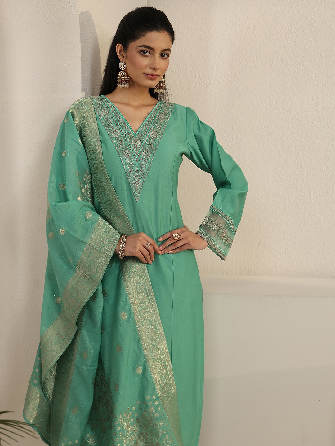 Green Embroidered V-Neck Kurta Set with Dupatta