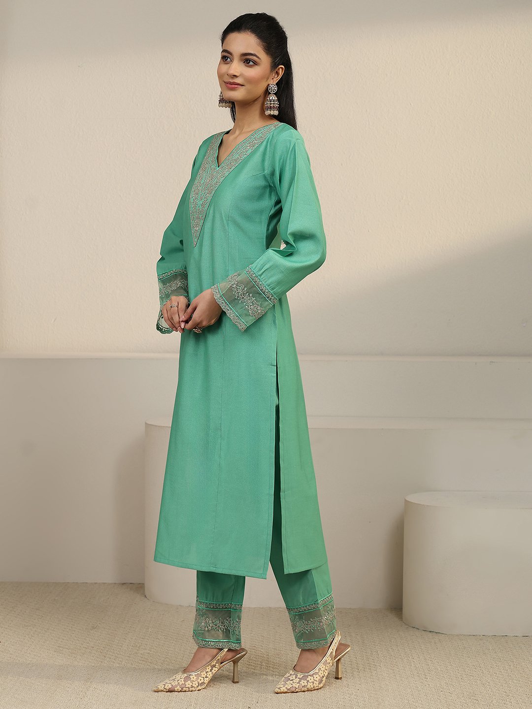 Green Embroidered V-Neck Kurta Set with Dupatta