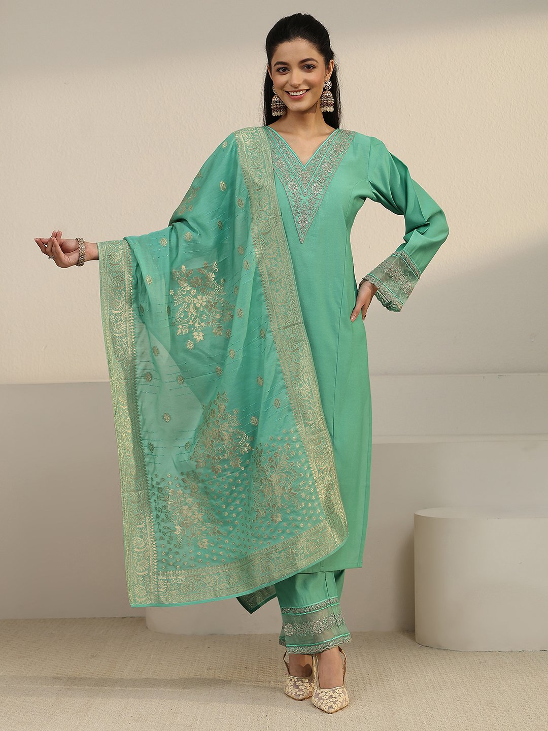 Green Embroidered V-Neck Kurta Set with Dupatta