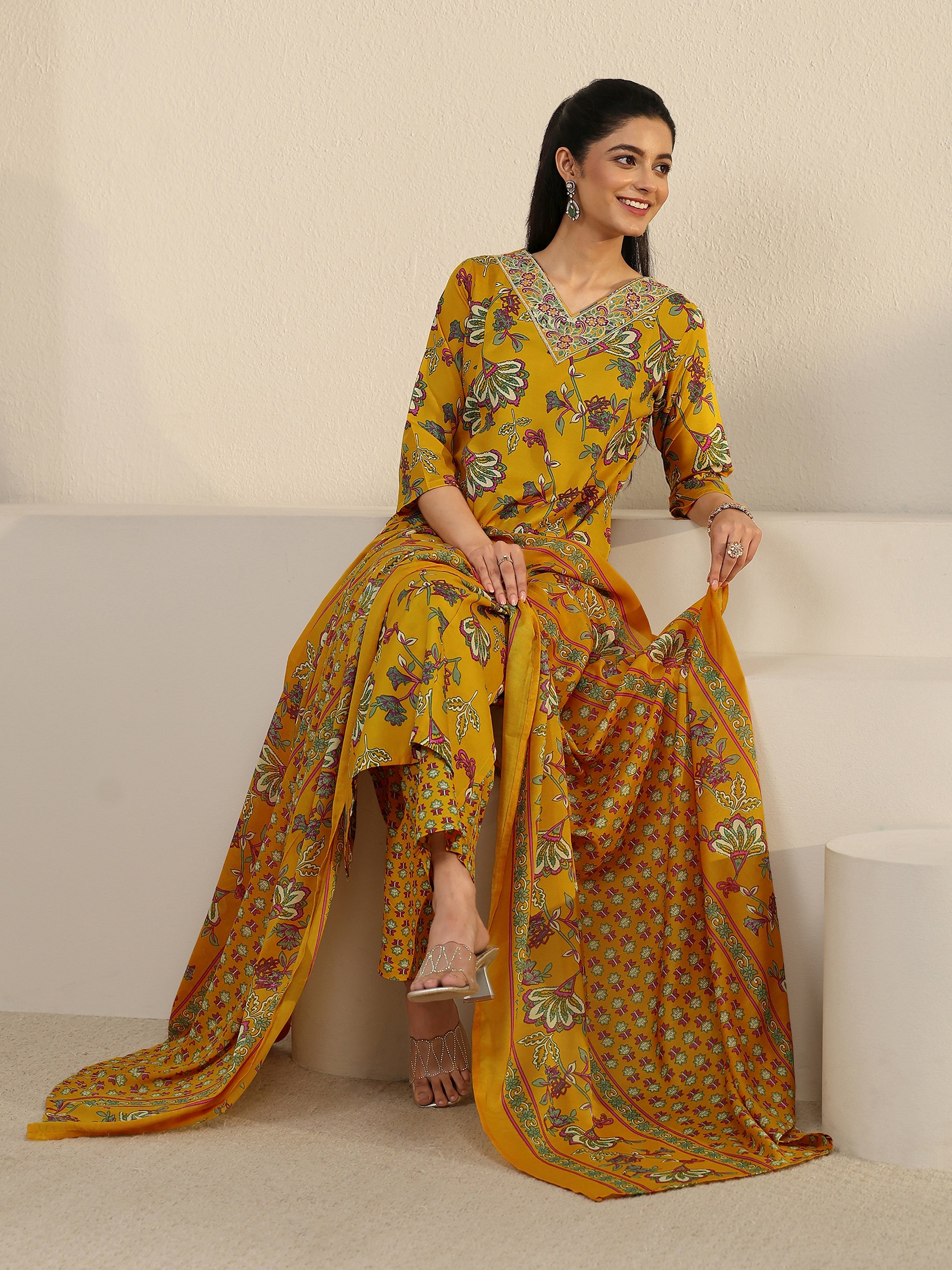 Yellow Floral Printed Kurta Set with Dupatta