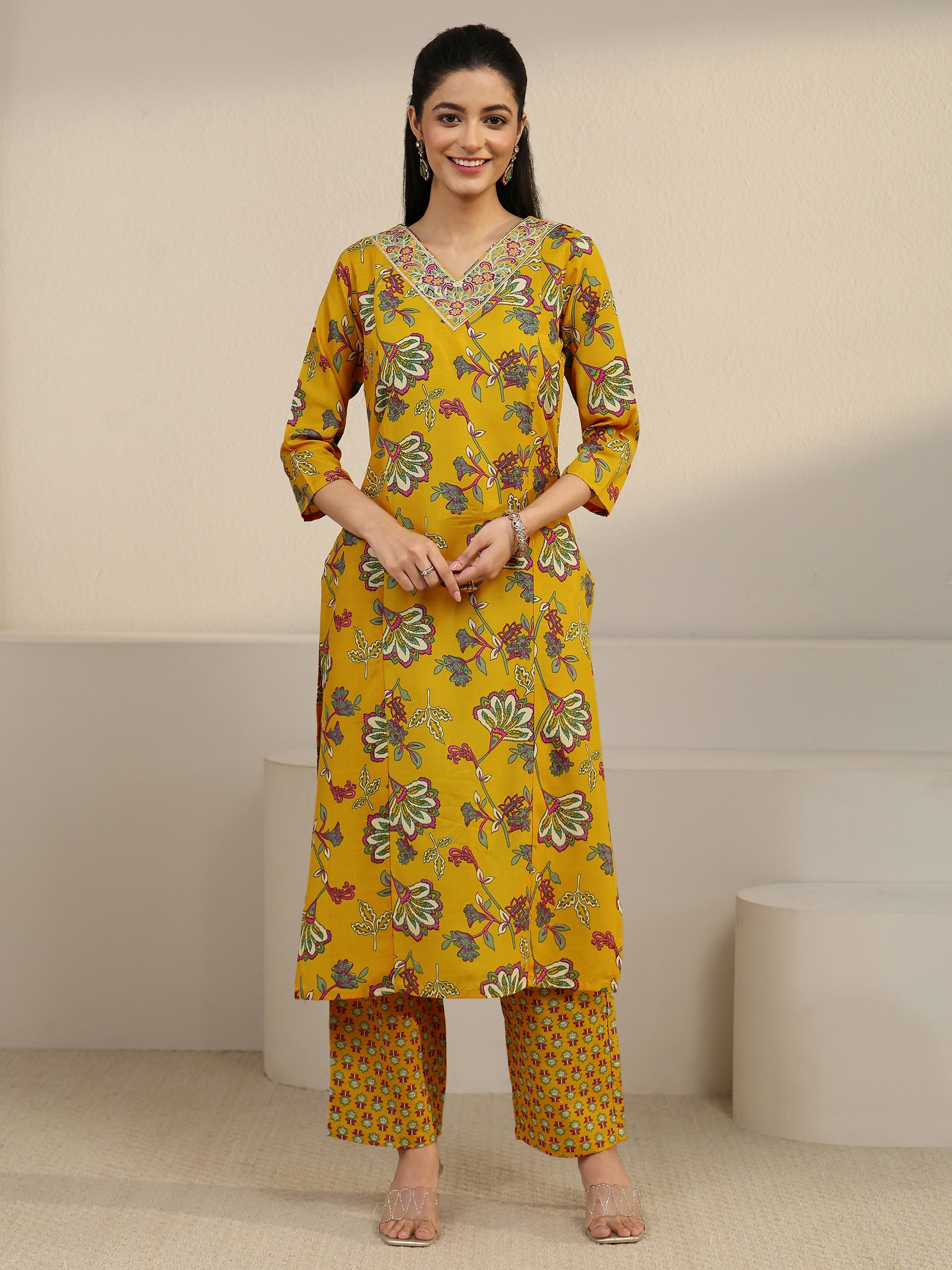 Yellow Floral Printed Kurta Set with Dupatta