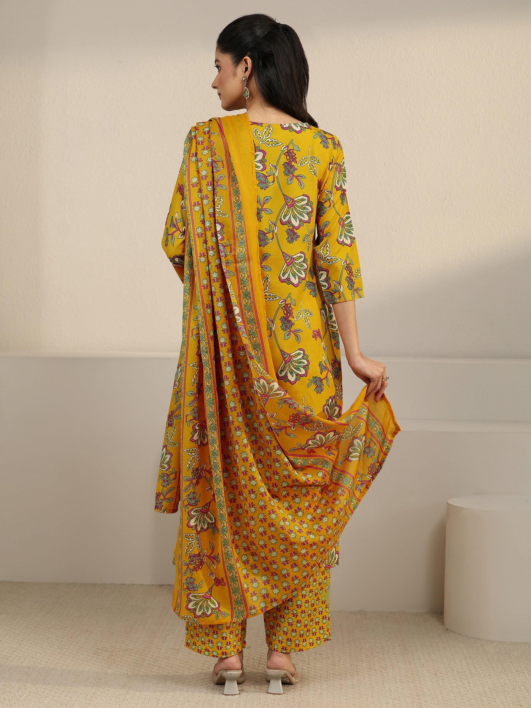 Yellow Floral Printed Kurta Set with Dupatta