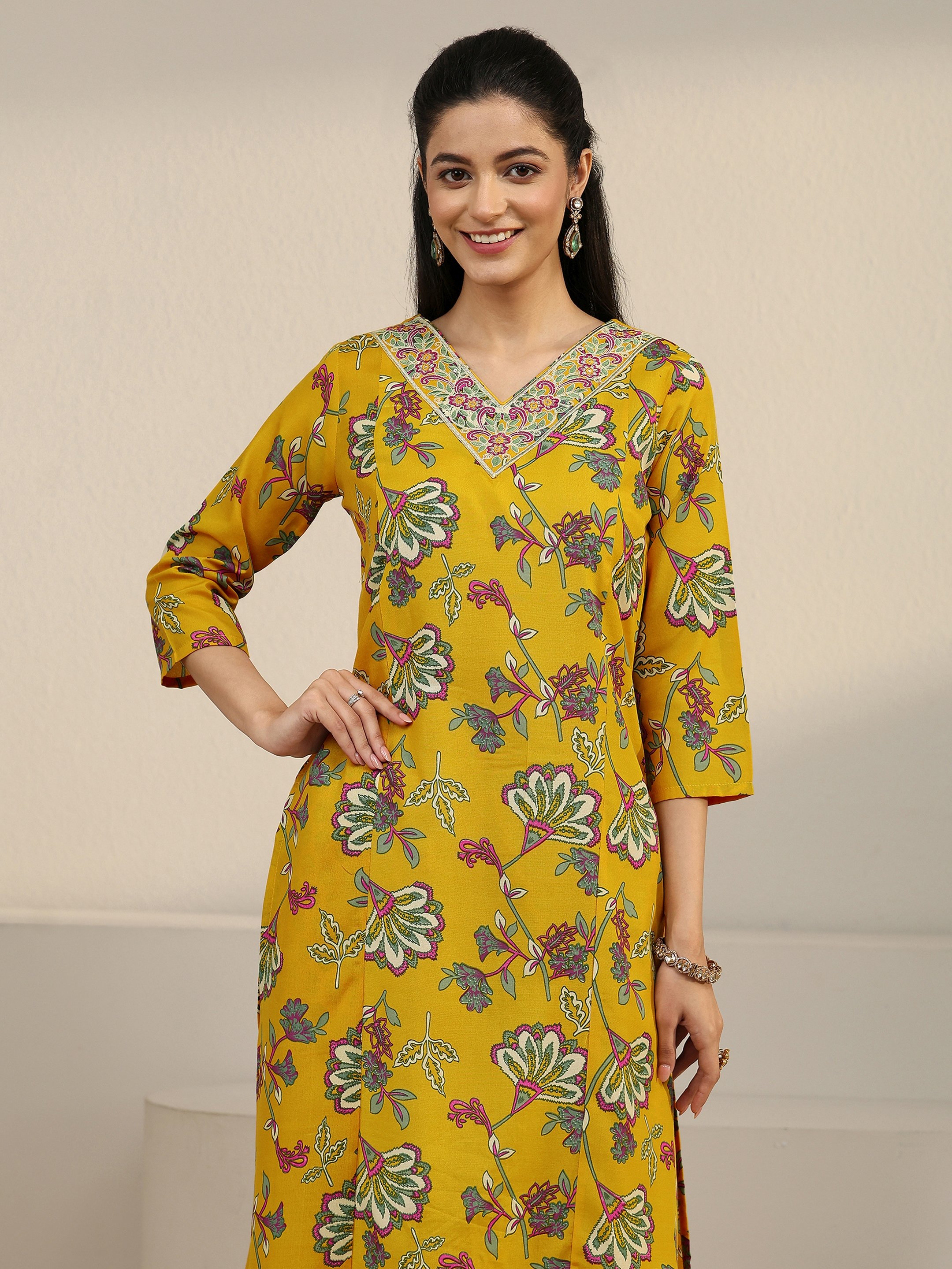 Yellow Floral Printed Kurta Set with Dupatta