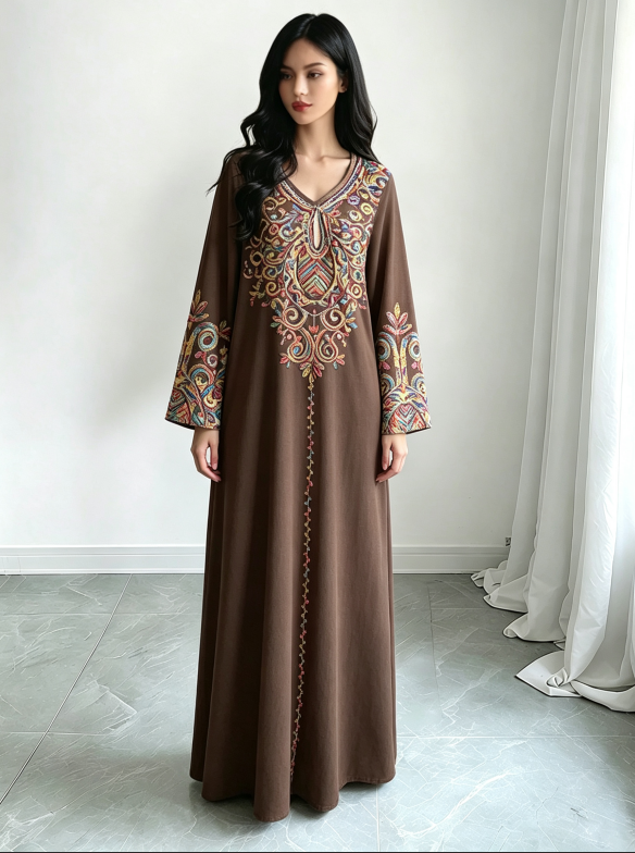 Brown Embroidered Jalabiya Dress