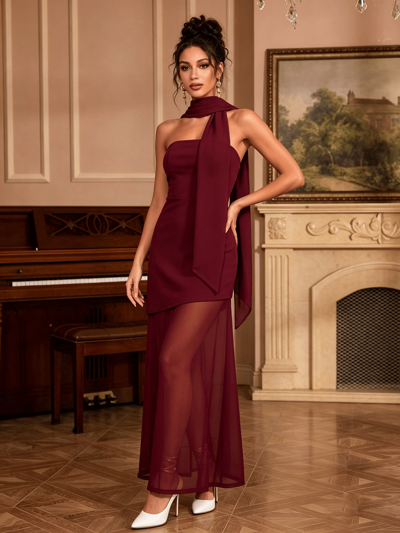 Burgundy Solid One Shoulder Neck A-Line Maxi Dress