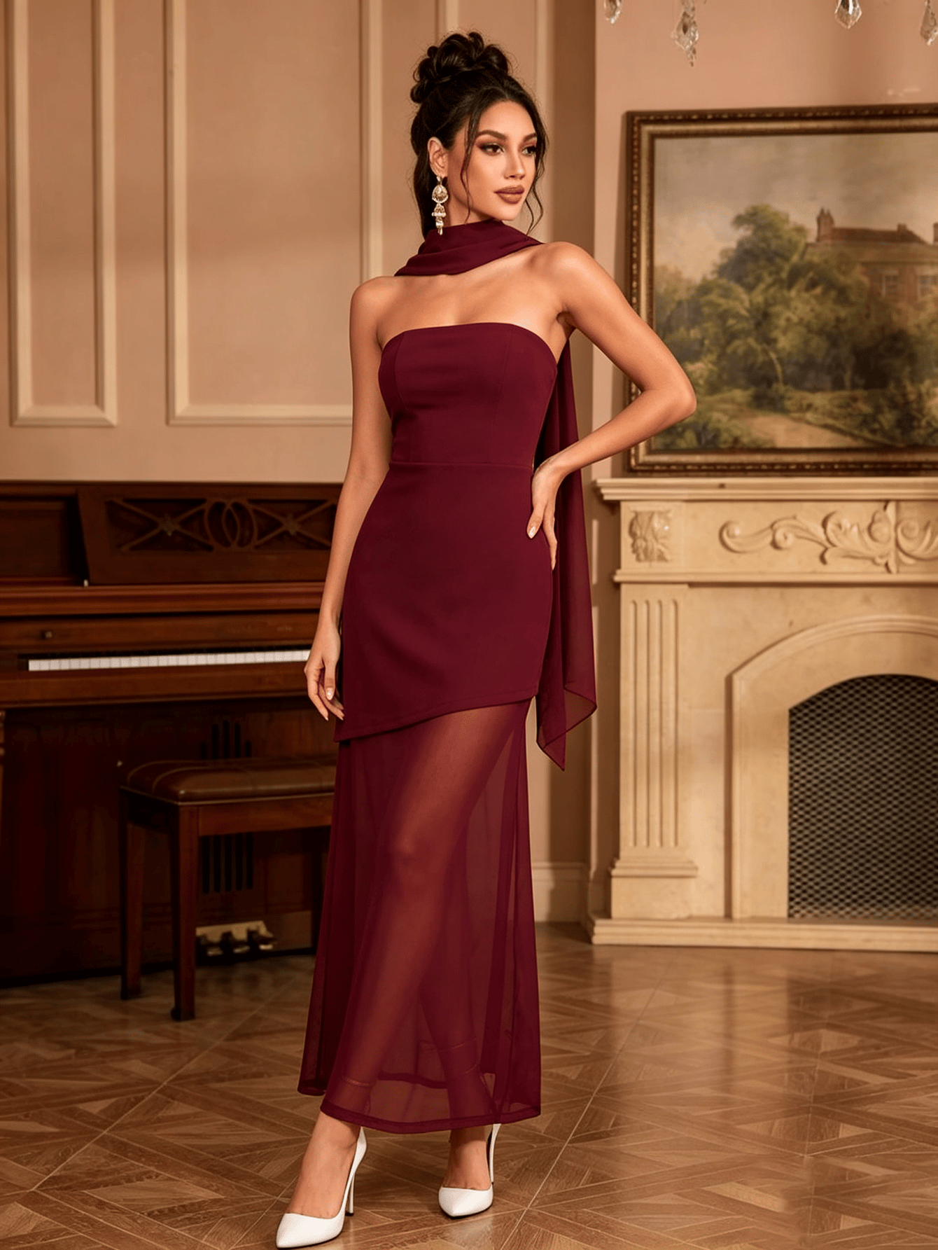 Burgundy Solid One Shoulder Neck A-Line Maxi Dress