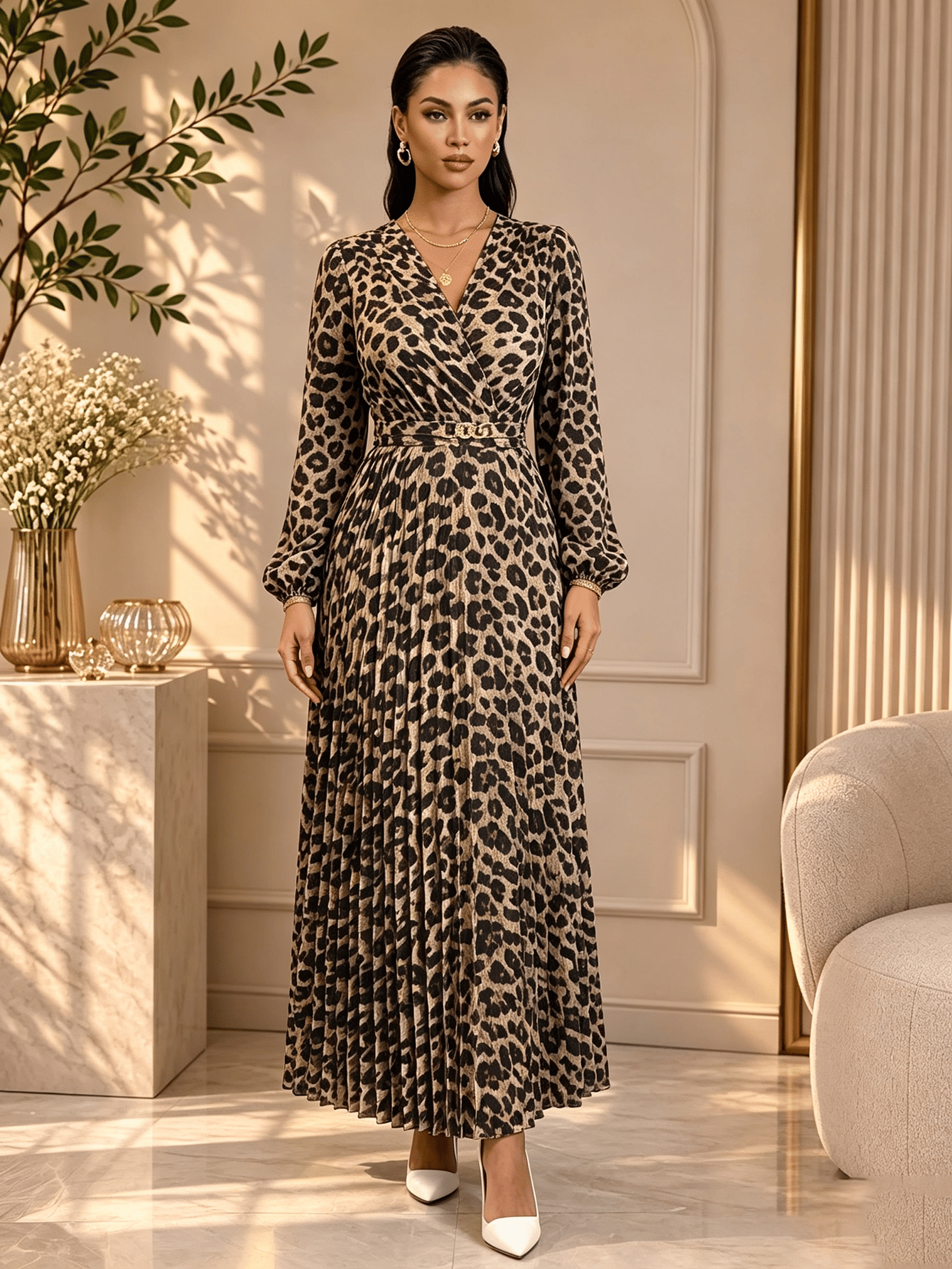 Brown Solid V Neck A-Line Maxi Dress
