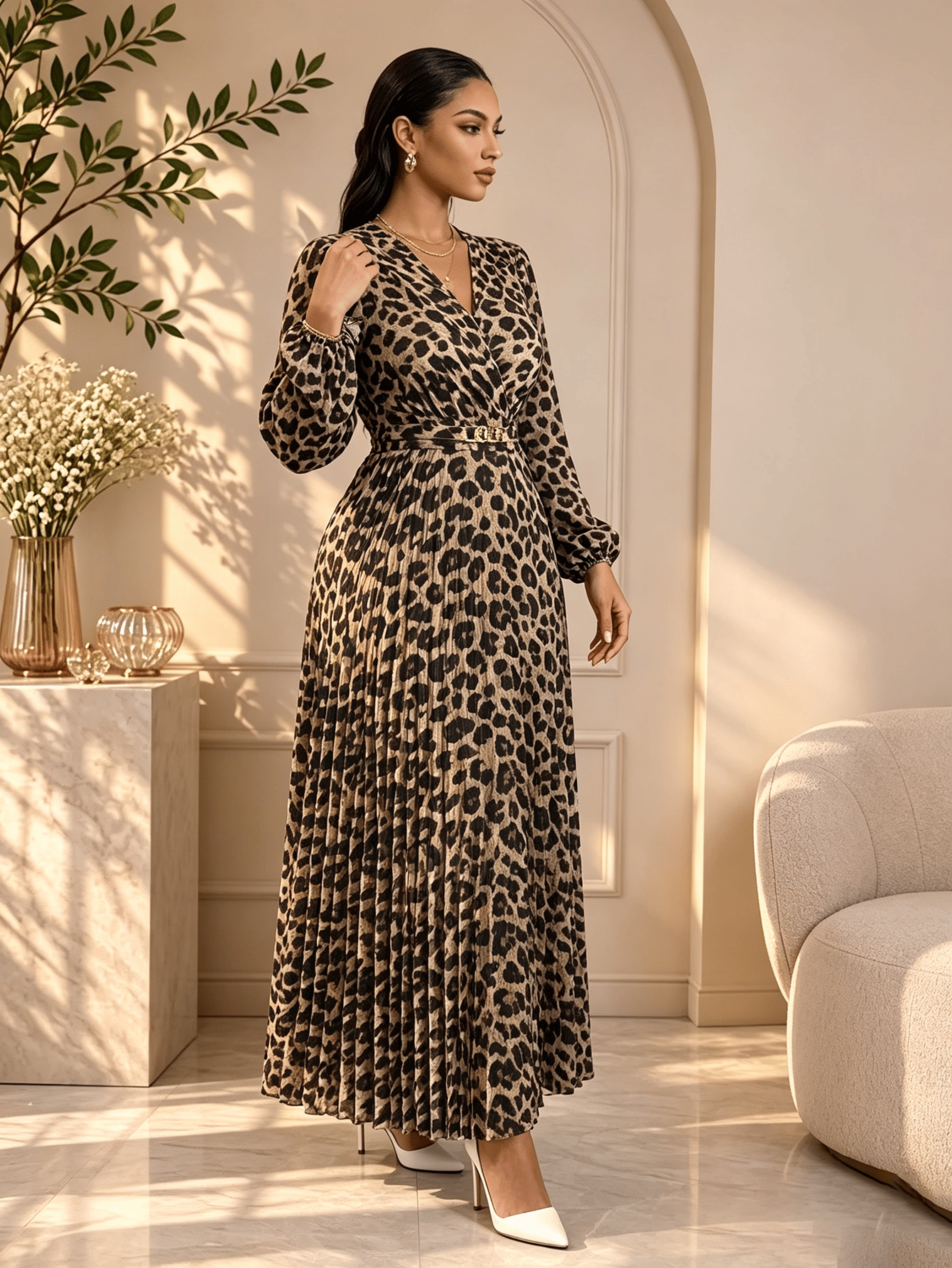 Brown Solid V Neck A-Line Maxi Dress