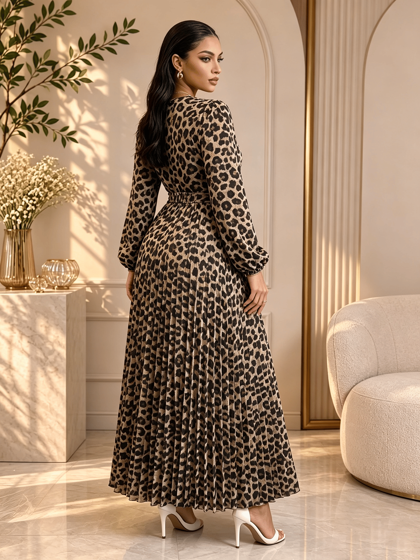 Brown Solid V Neck A-Line Maxi Dress