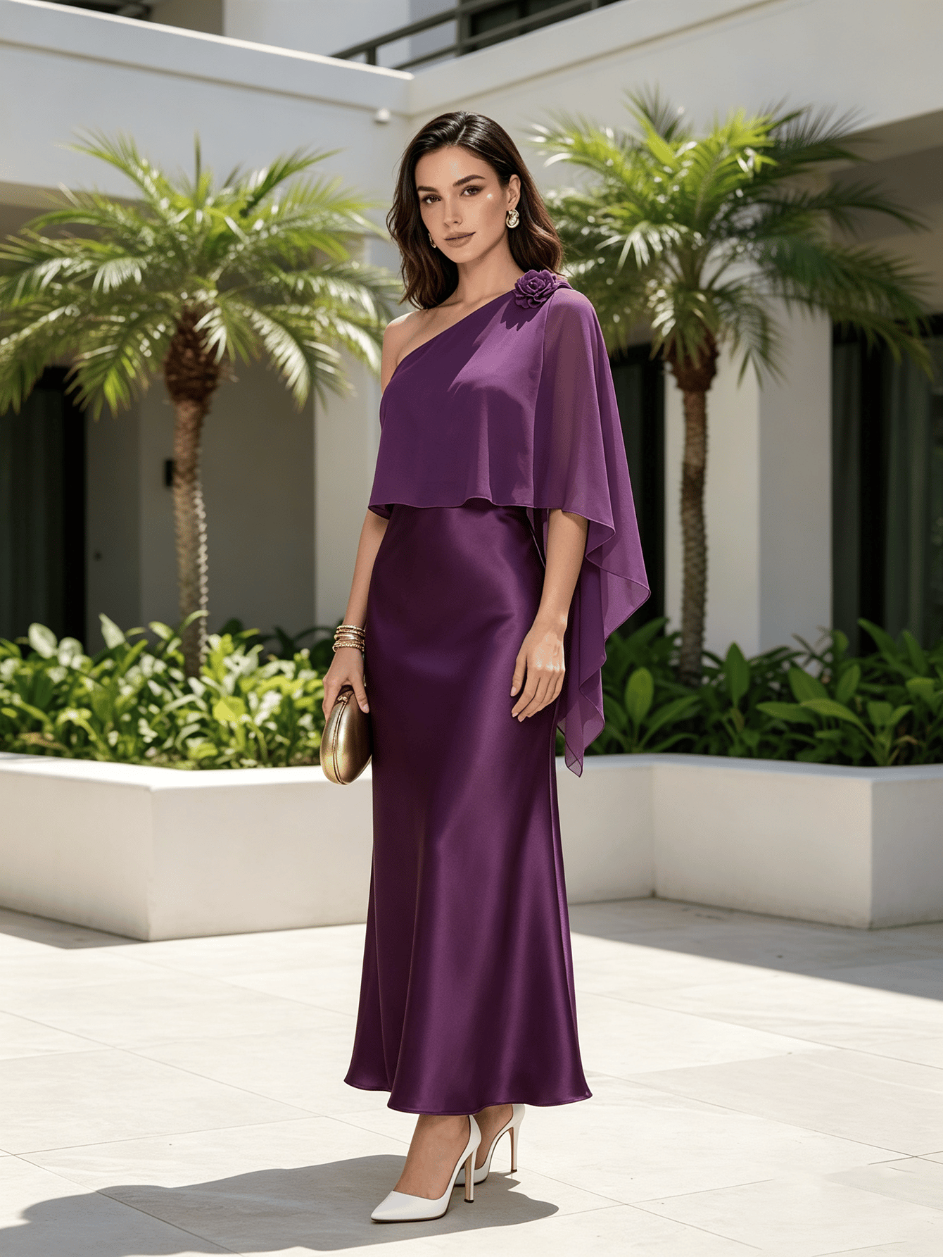 Purple Solid One Shoulder Neck A-Line Maxi Dress