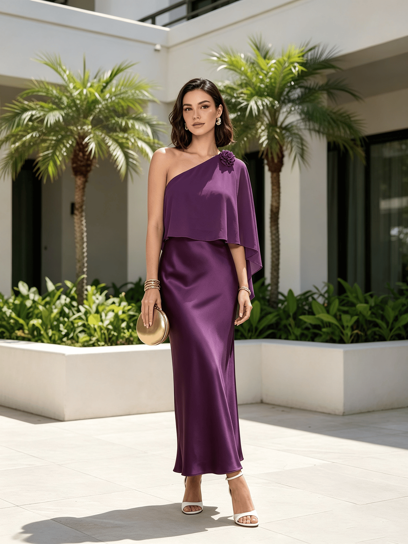 Purple Solid One Shoulder Neck A-Line Maxi Dress