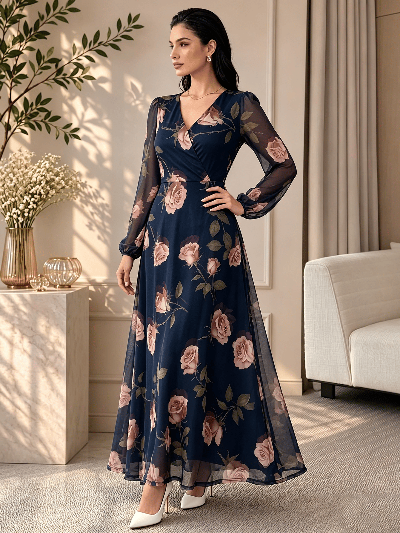 Dark Blue Solid V Neck A-Line Maxi Dress