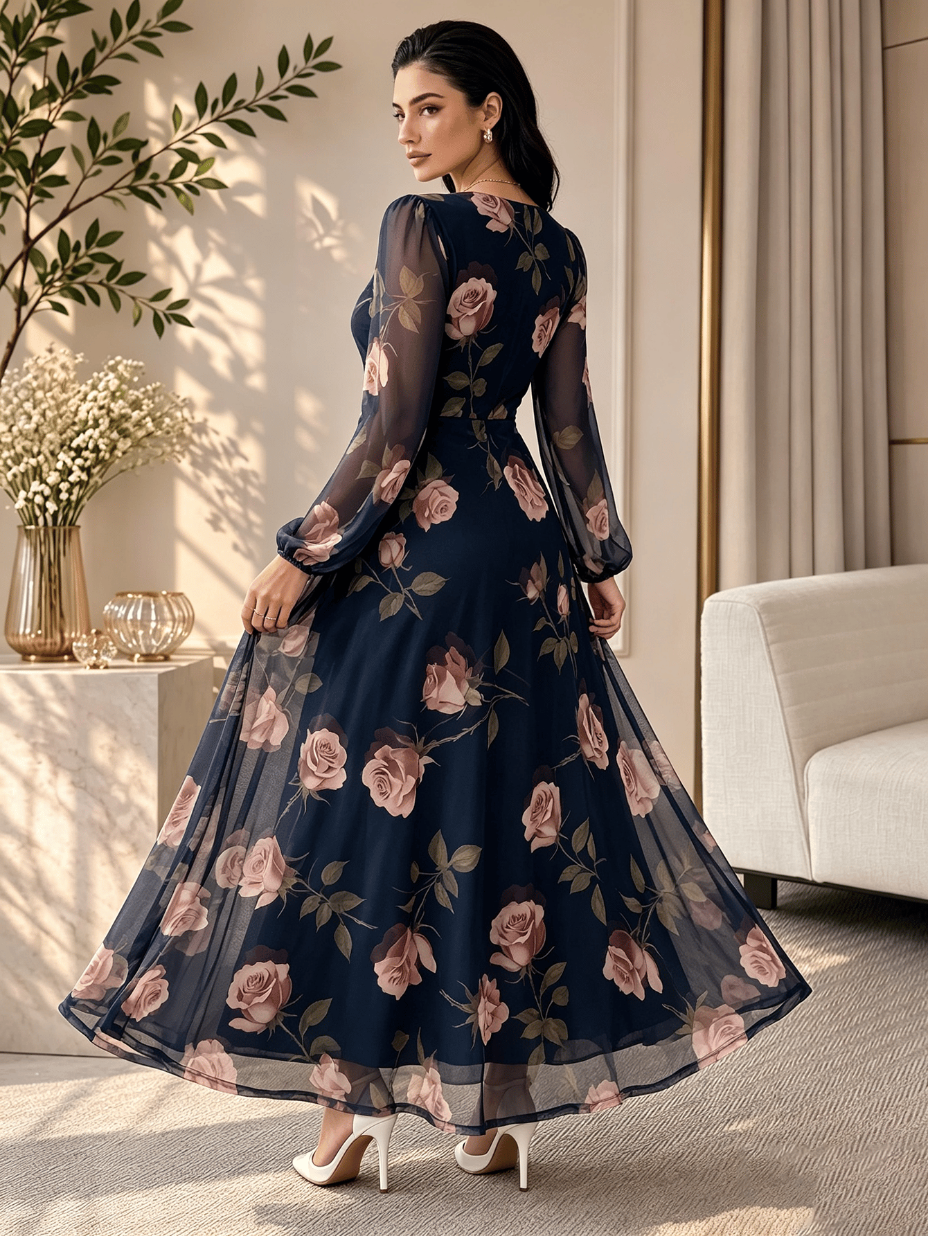 Dark Blue Solid V Neck A-Line Maxi Dress