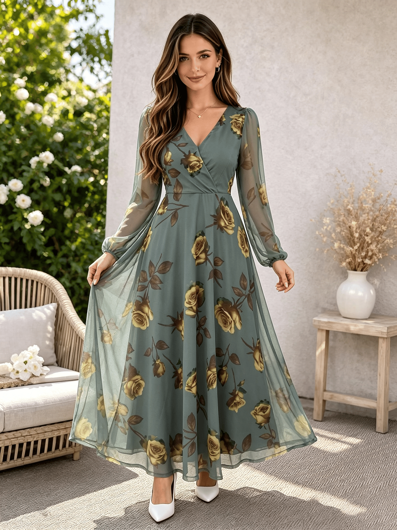 Green Solid V Neck A-Line Maxi Dress