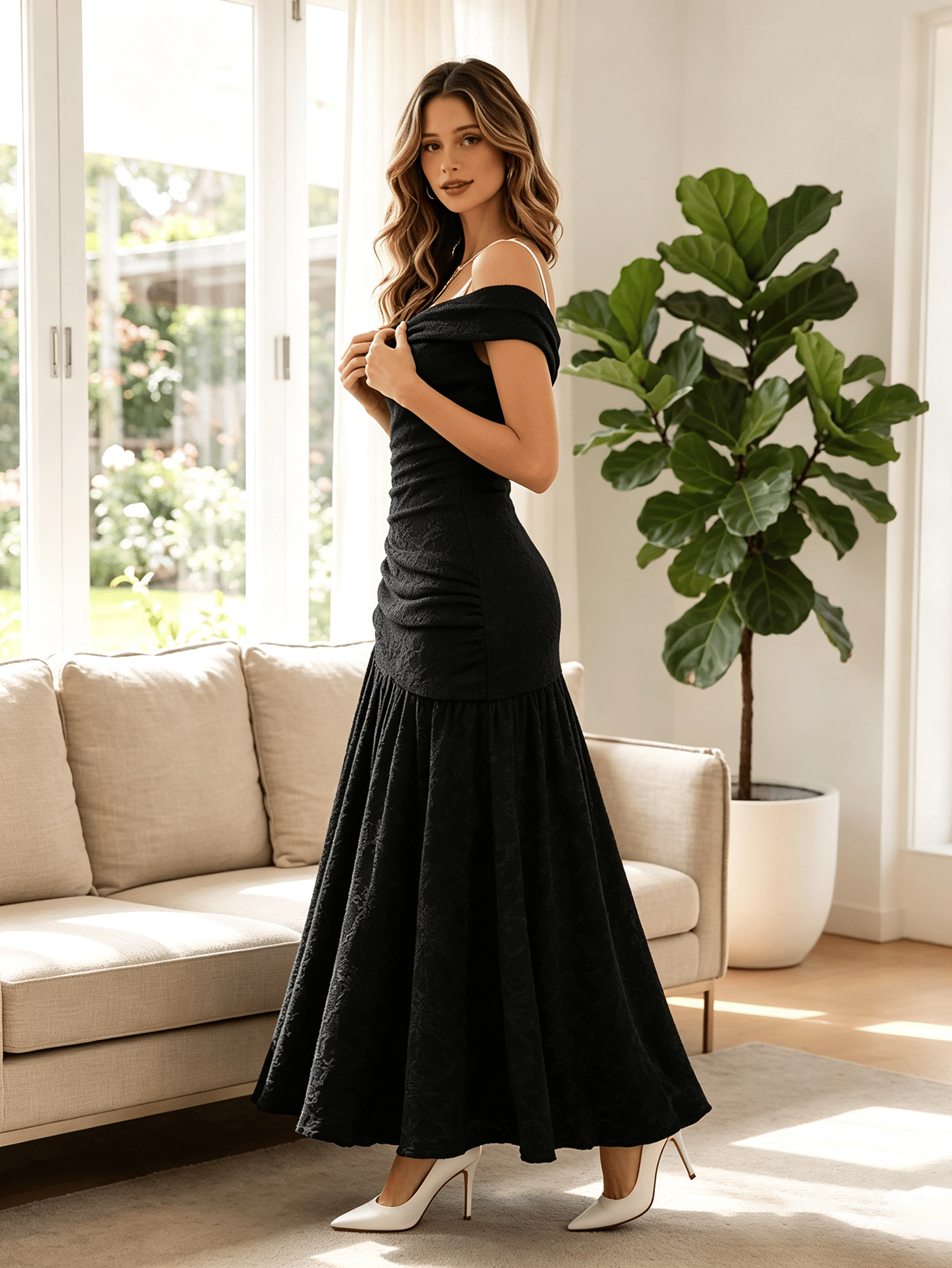 Black Solid One Shoulder Neck A-Line Maxi Dress