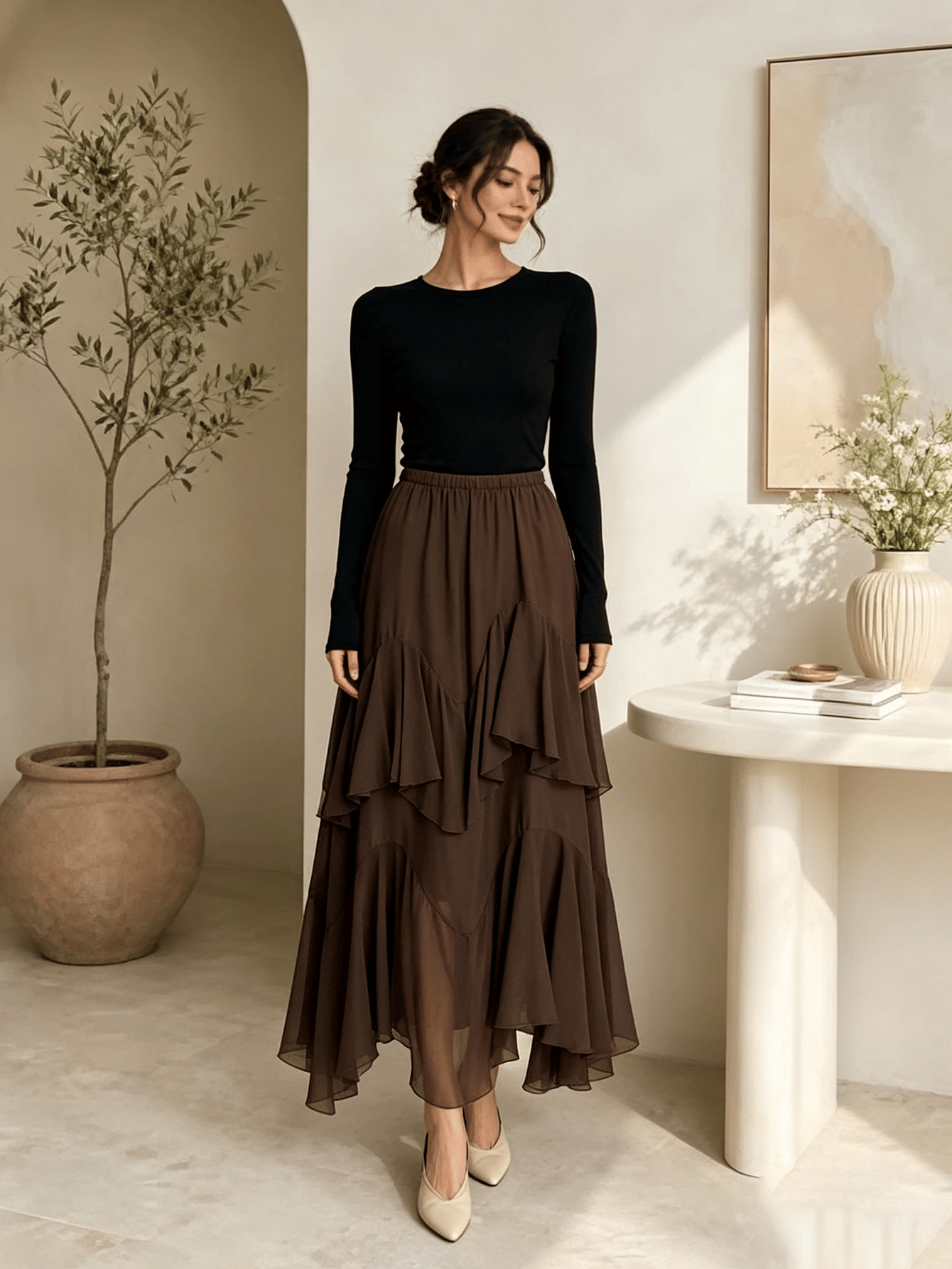 Coffee Brown Solid A-Line Midi Skirt