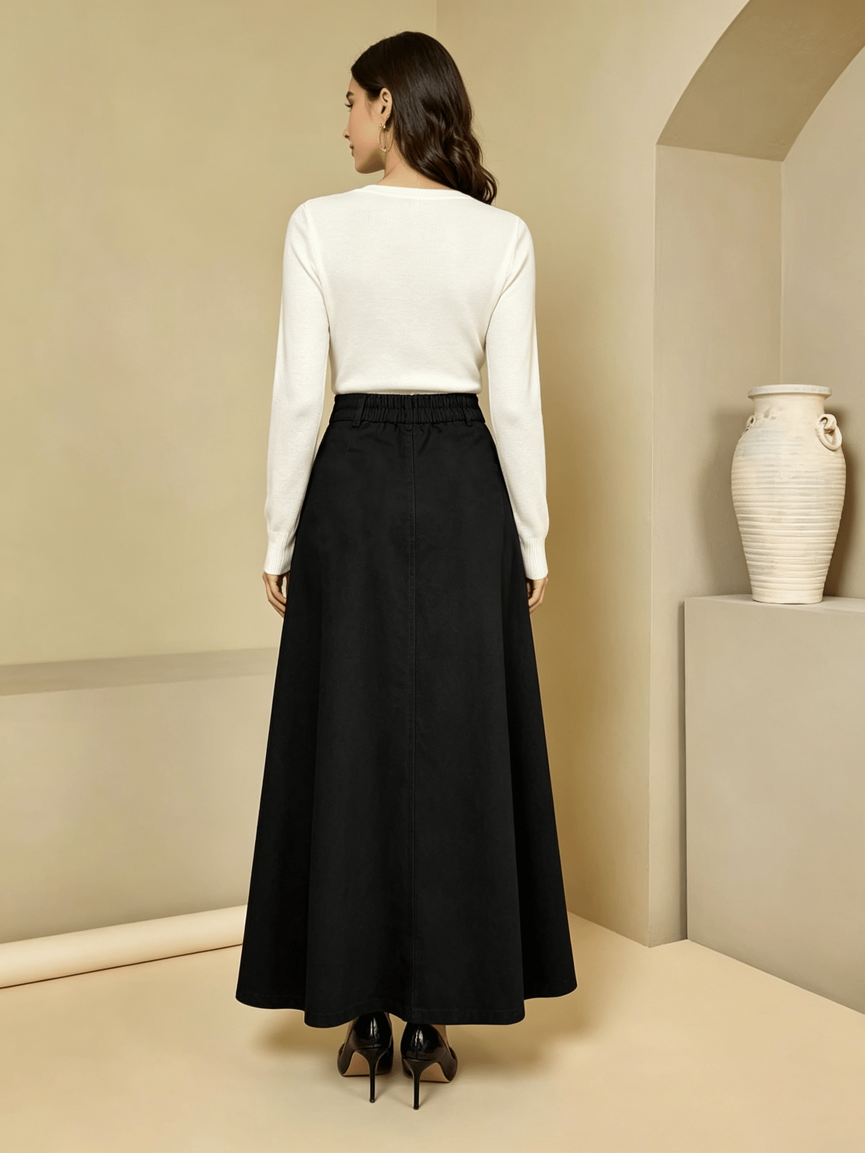 Black Solid A-Line Maxi Skirt