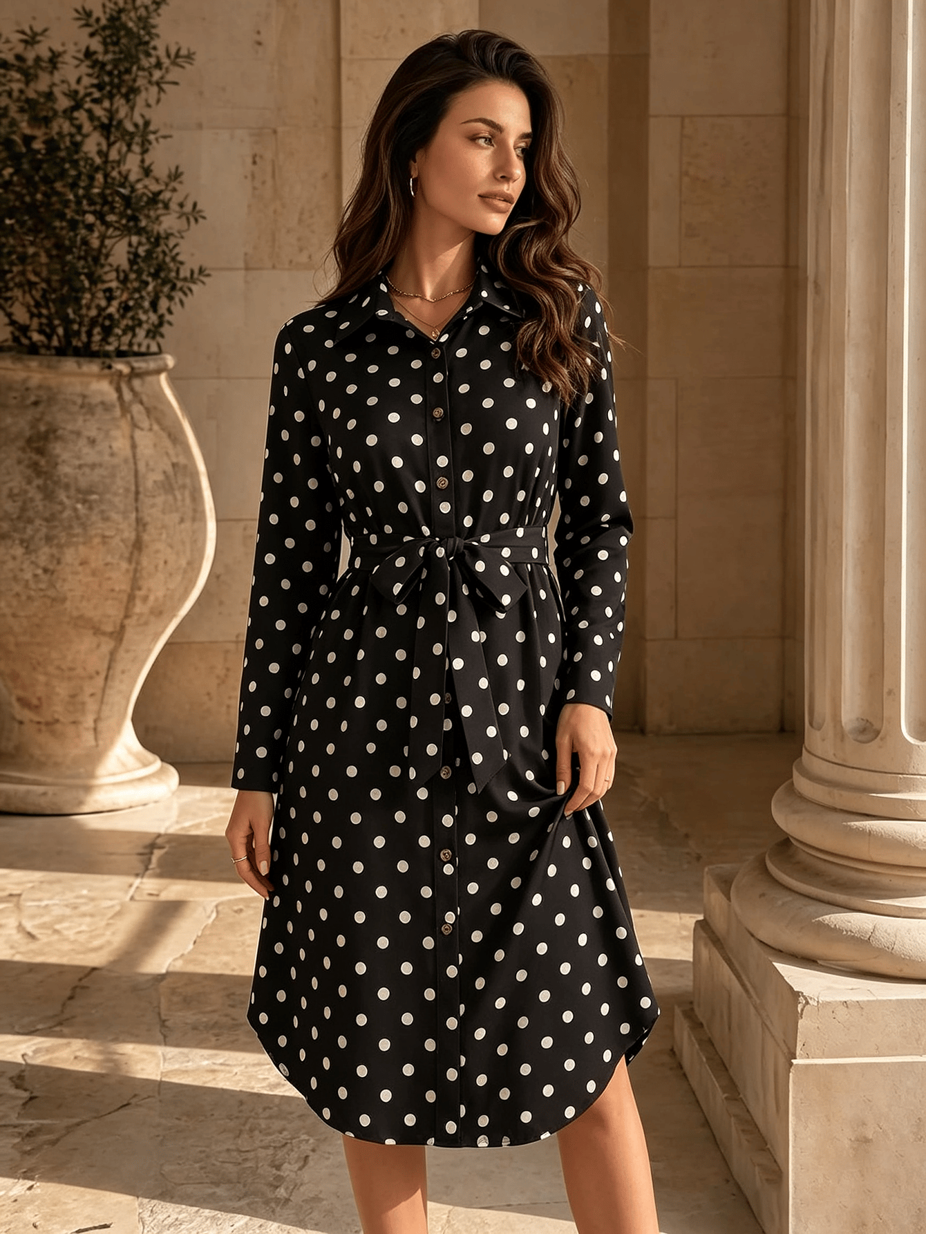 Black Solid Collared A-Line Knee length Dress