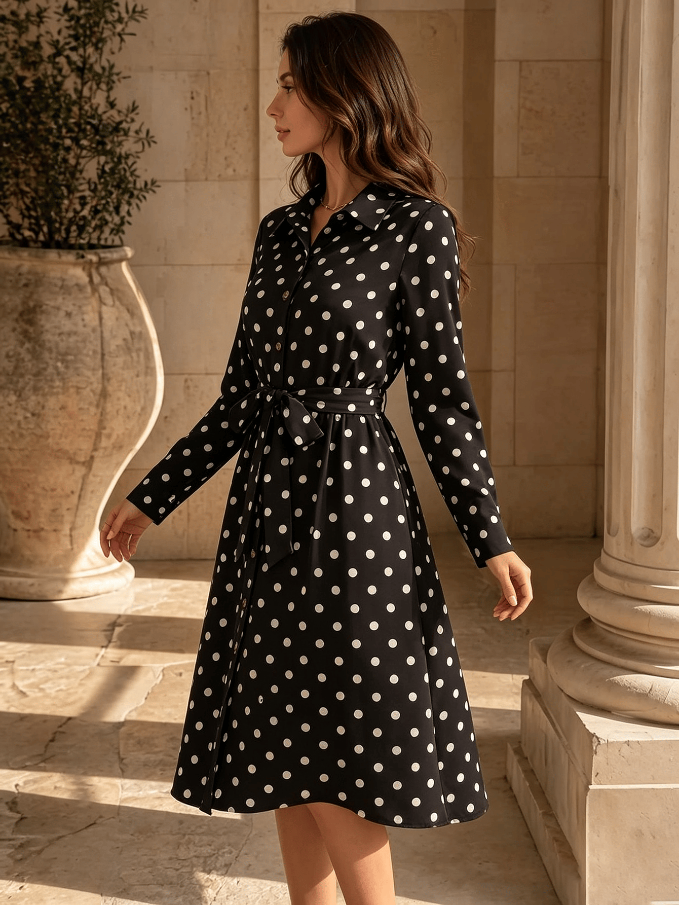 Black Solid Collared A-Line Knee length Dress