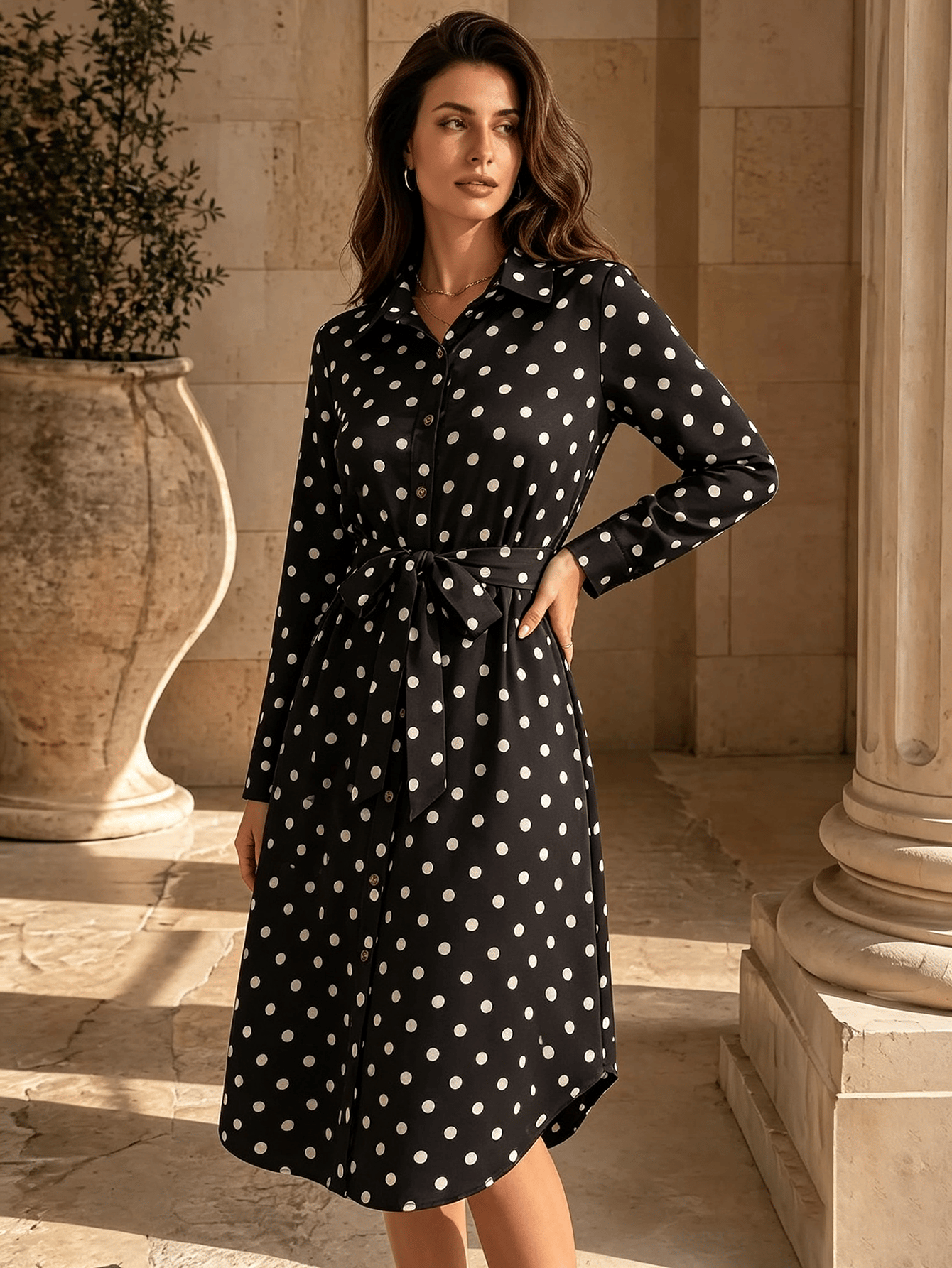 Black Solid Collared A-Line Knee length Dress
