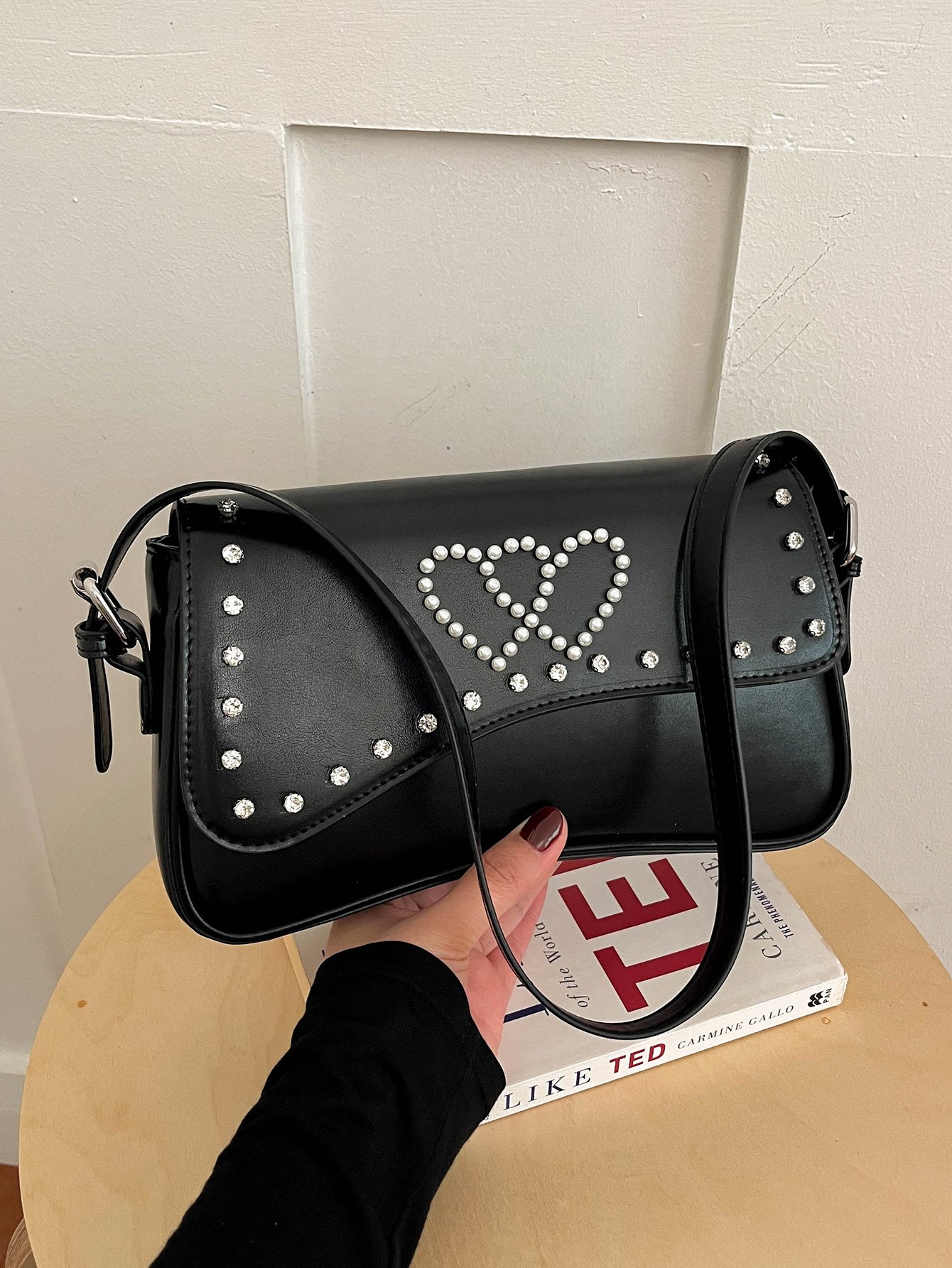 Black Embroidered Shoulder Bag with Zip