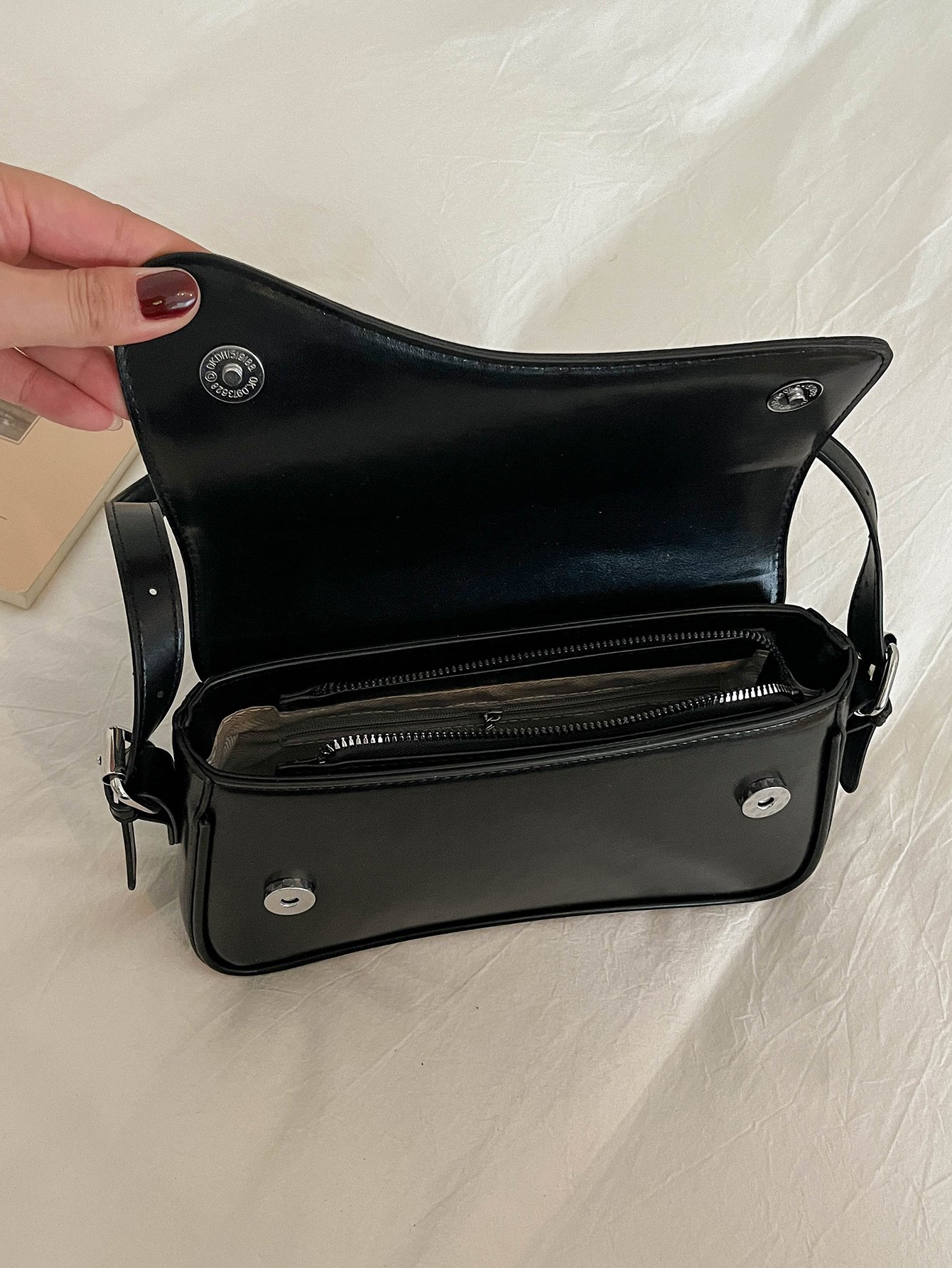 Black Embroidered Shoulder Bag with Zip