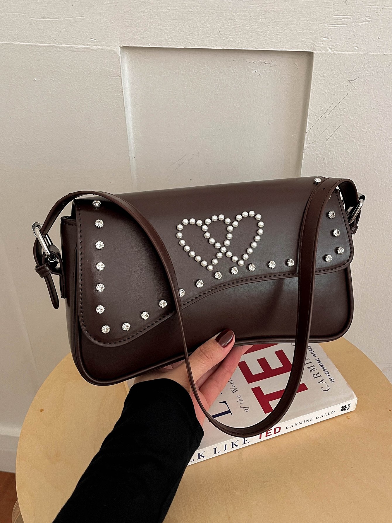 Coffee Brown Embroidered Shoulder Bag with Zip