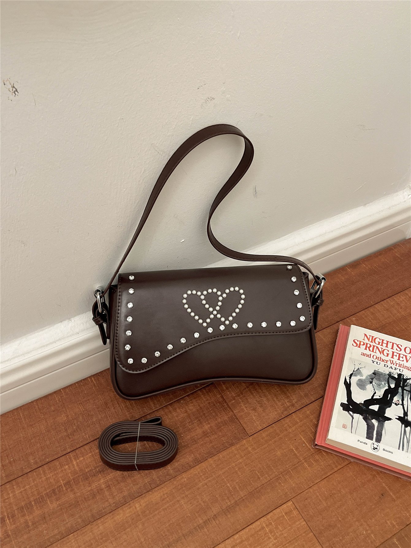 Coffee Brown Embroidered Shoulder Bag with Zip