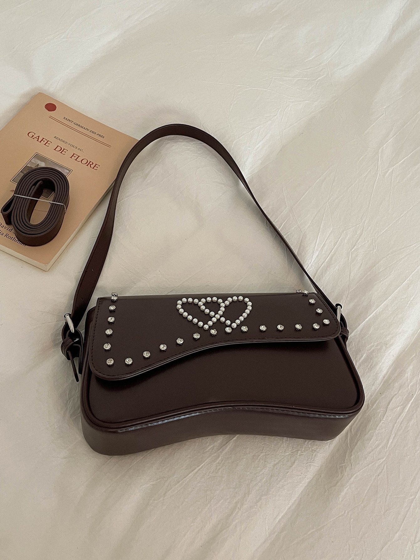 Coffee Brown Embroidered Shoulder Bag with Zip