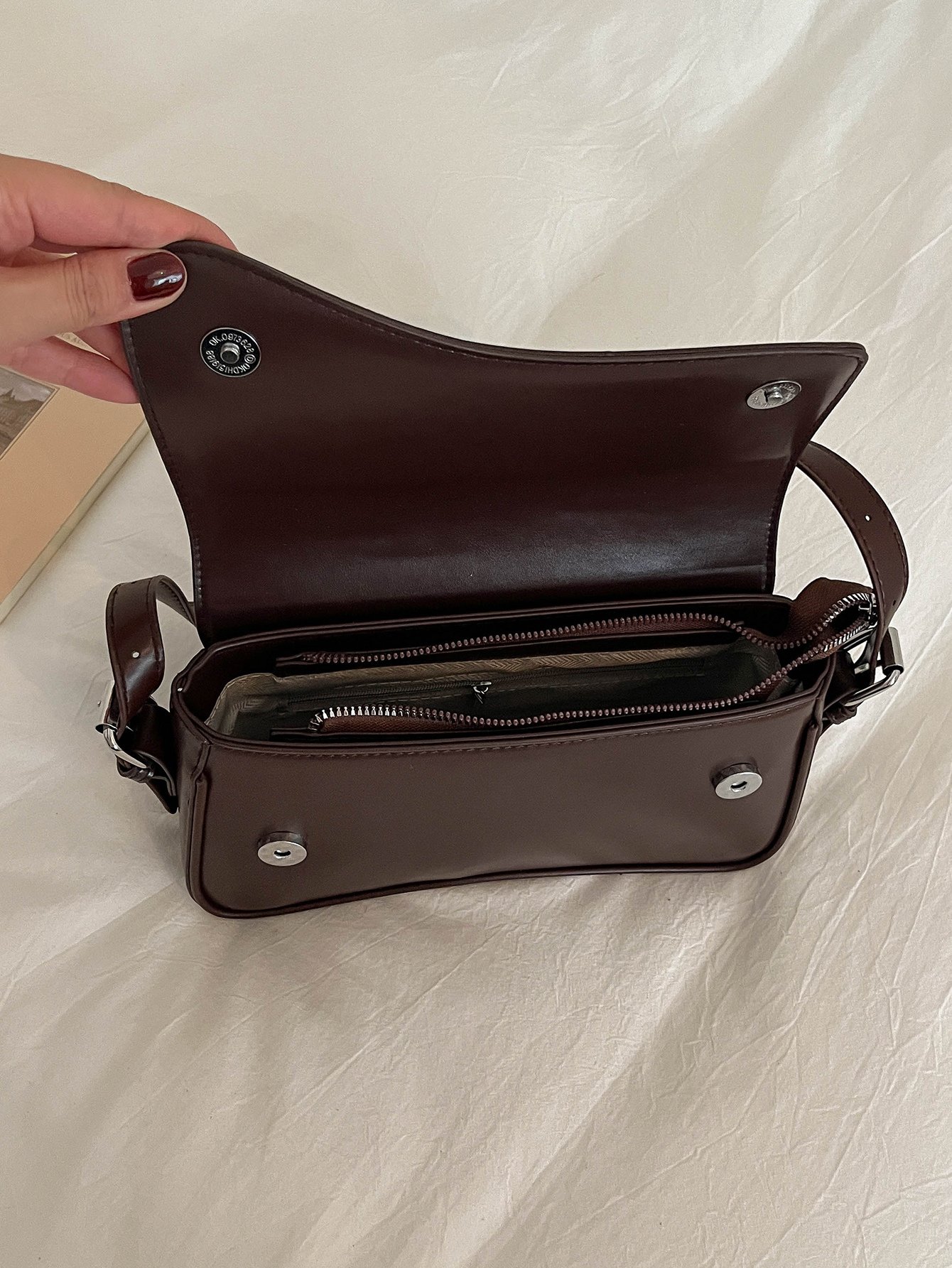 Coffee Brown Embroidered Shoulder Bag with Zip
