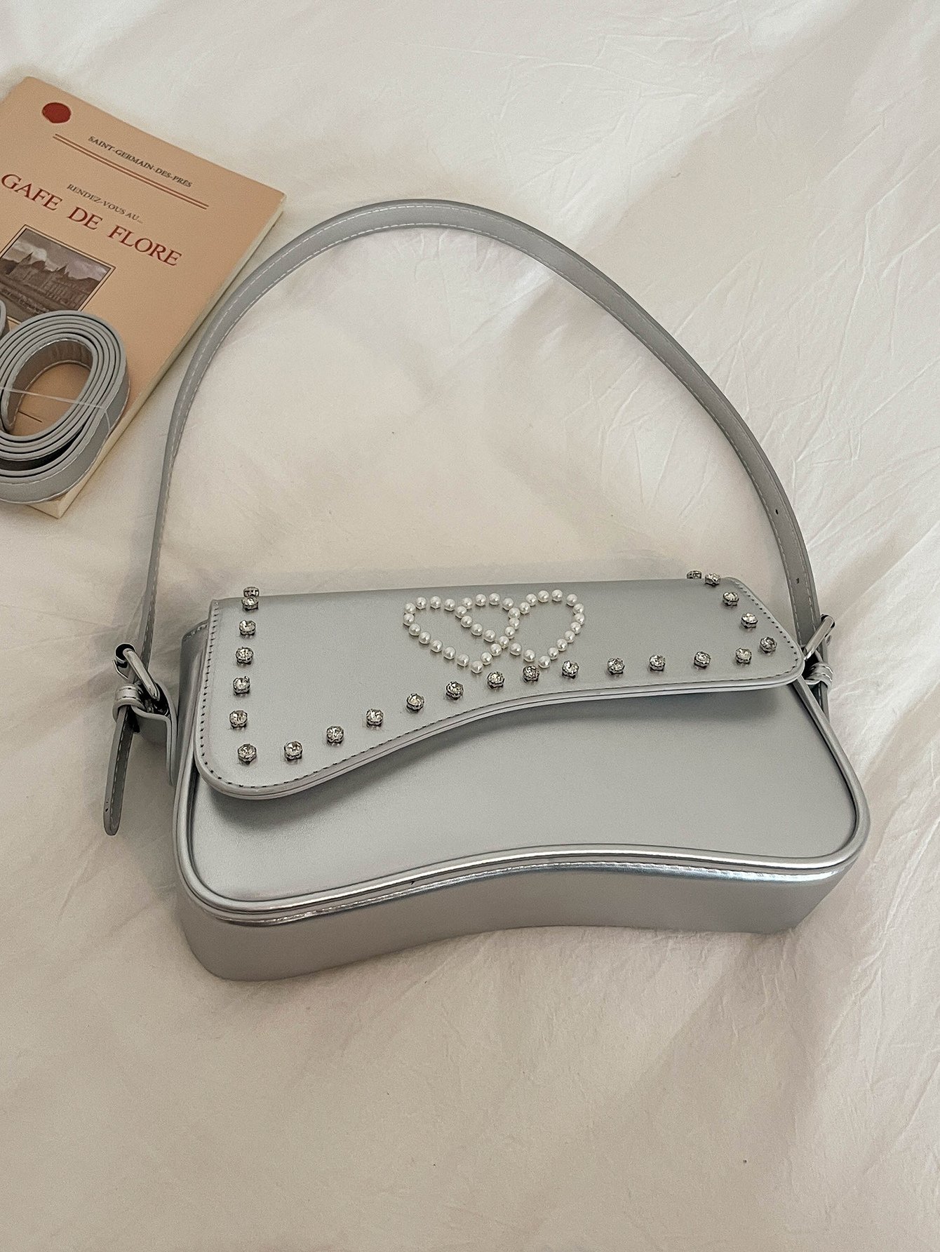 Silver Embroidered Shoulder Bag with Magnetic