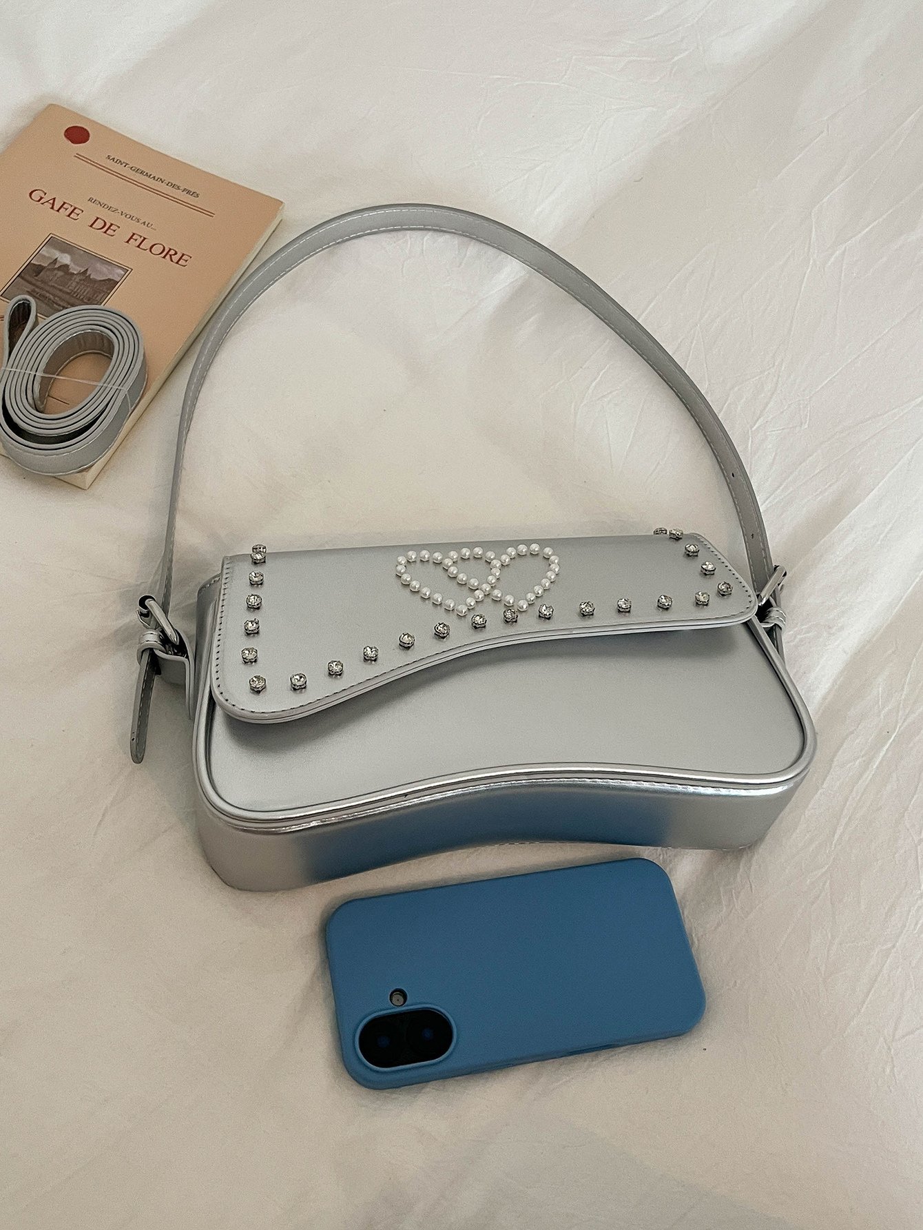Silver Embroidered Shoulder Bag with Magnetic
