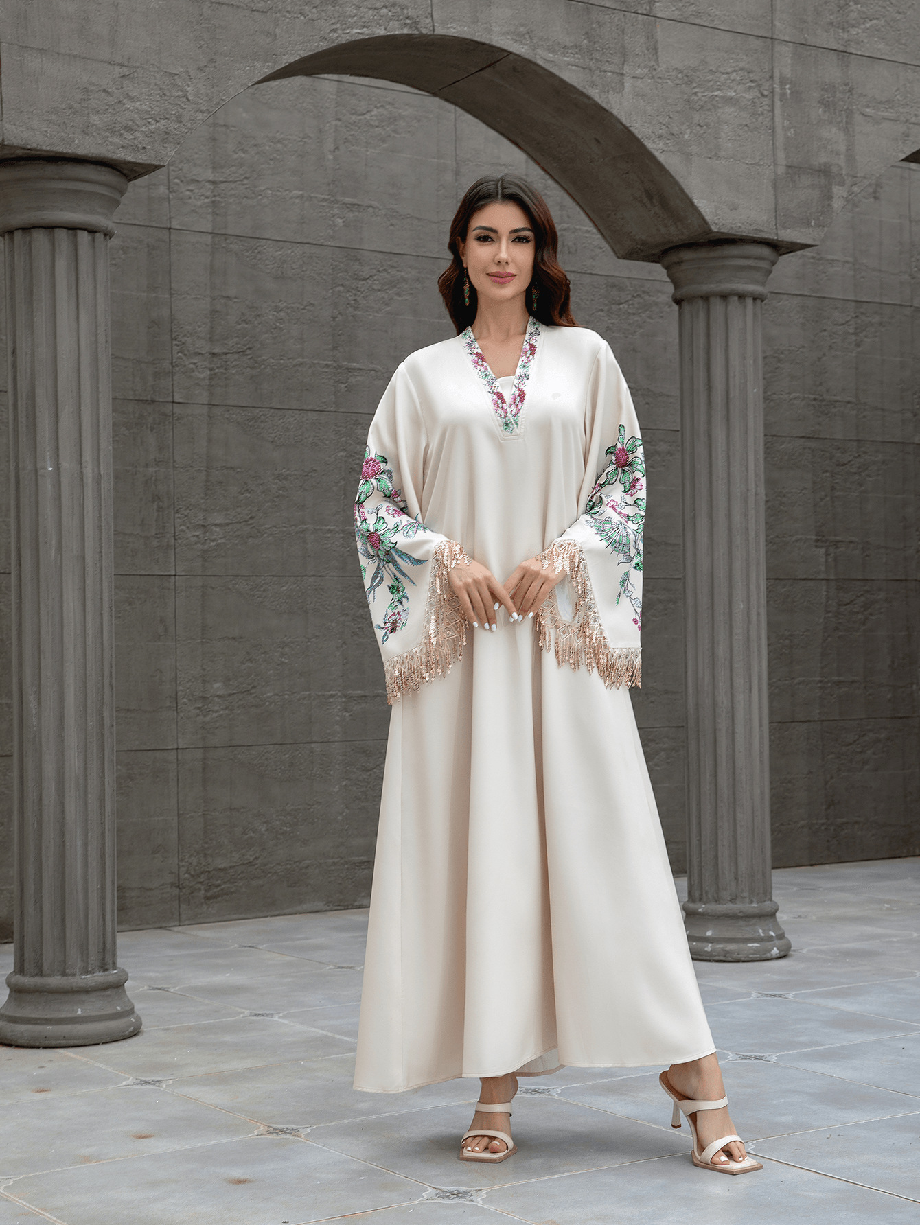 Beige Embroidered Jalabiya