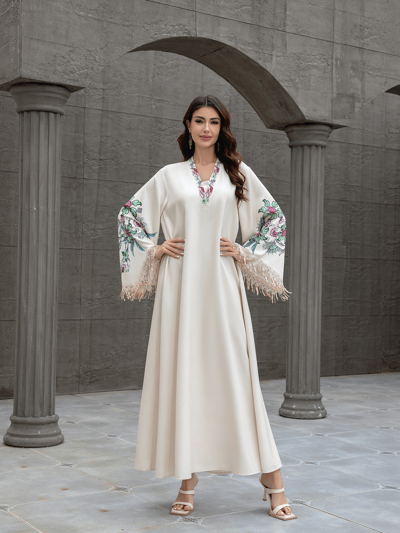 Beige Embroidered Jalabiya