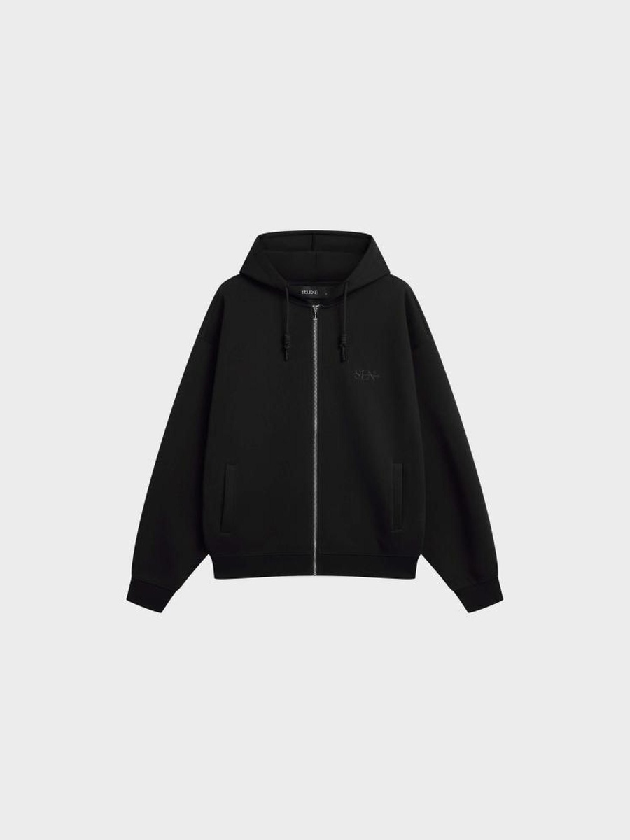 Black Zip-Up Hoodie with Embroidered Logo