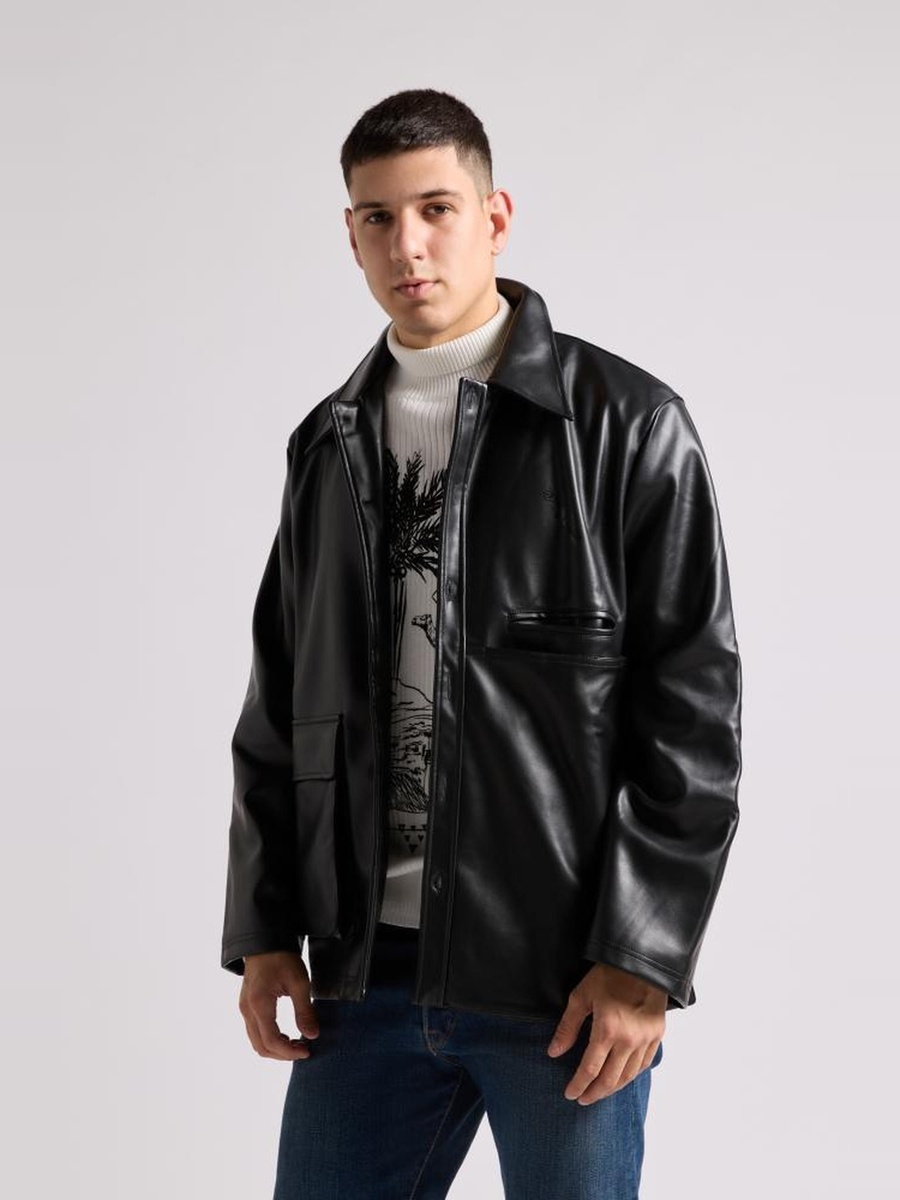 Black Faux Leather Zip-Up Jacket-Unisex